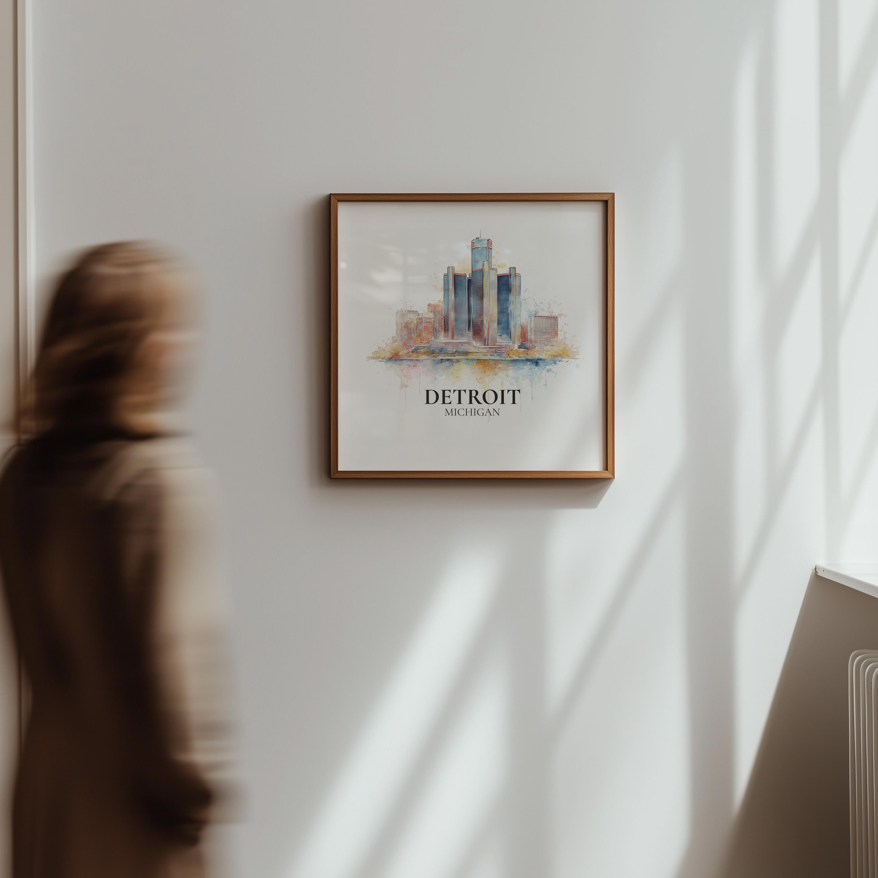 Detroit Michigan Watercolor Wall Art Print, Custom Travel Poster, World Locations Keepsake Gift