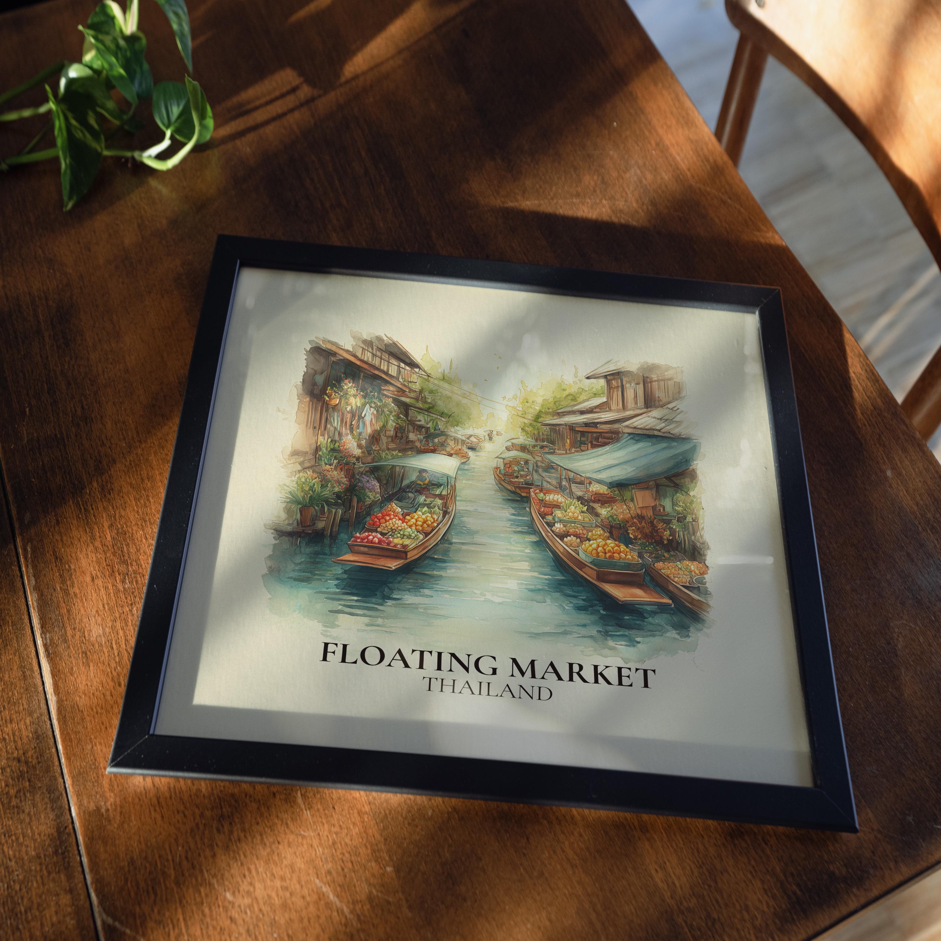 Floating Market Thailand Watercolor Wall Art Print, Custom Travel Poster, World Locations Keepsake Gift