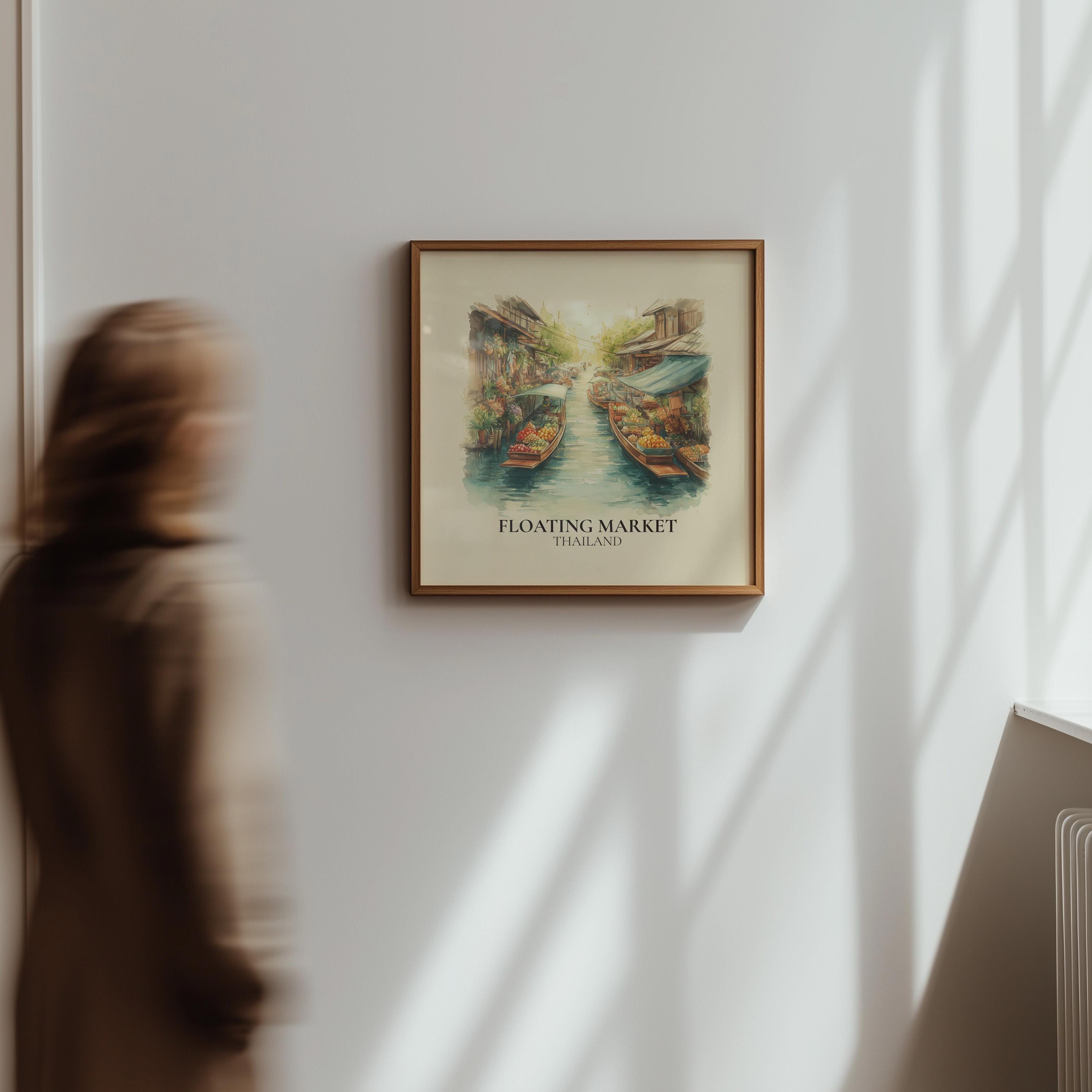 Floating Market Thailand Watercolor Wall Art Print, Custom Travel Poster, World Locations Keepsake Gift