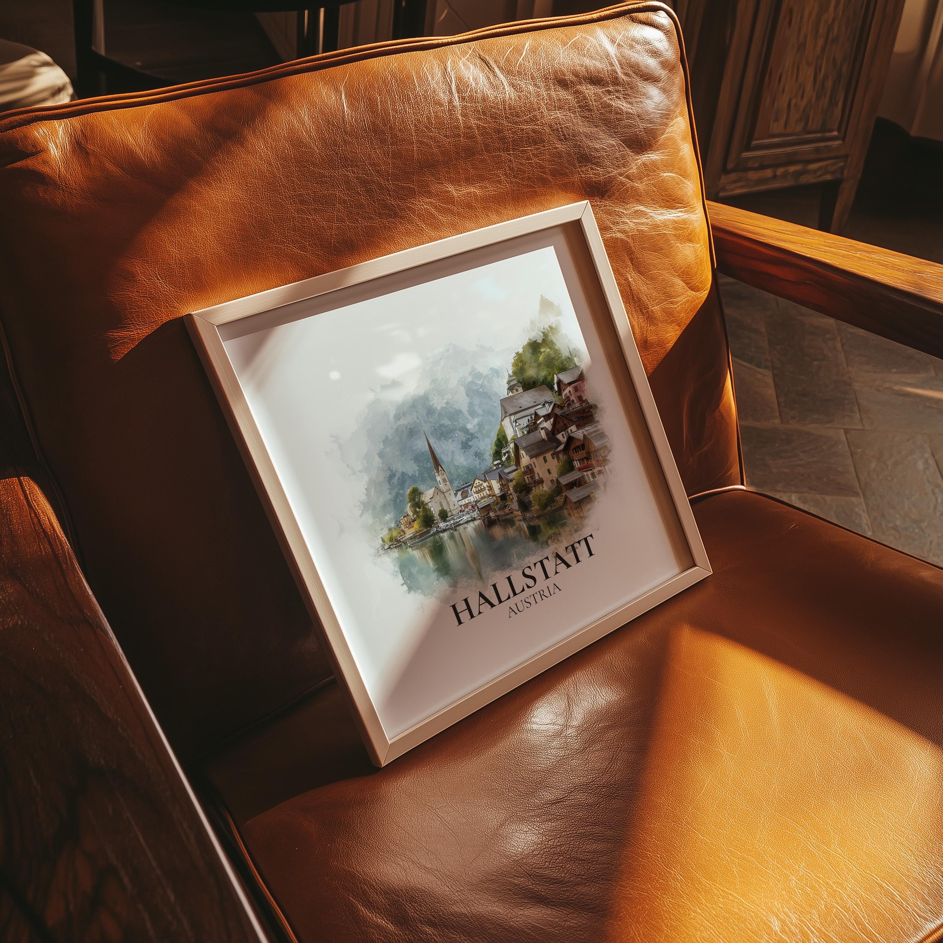 Hallstatt Austria Watercolor Wall Art Print, Custom Travel Poster, World Locations Keepsake Gift