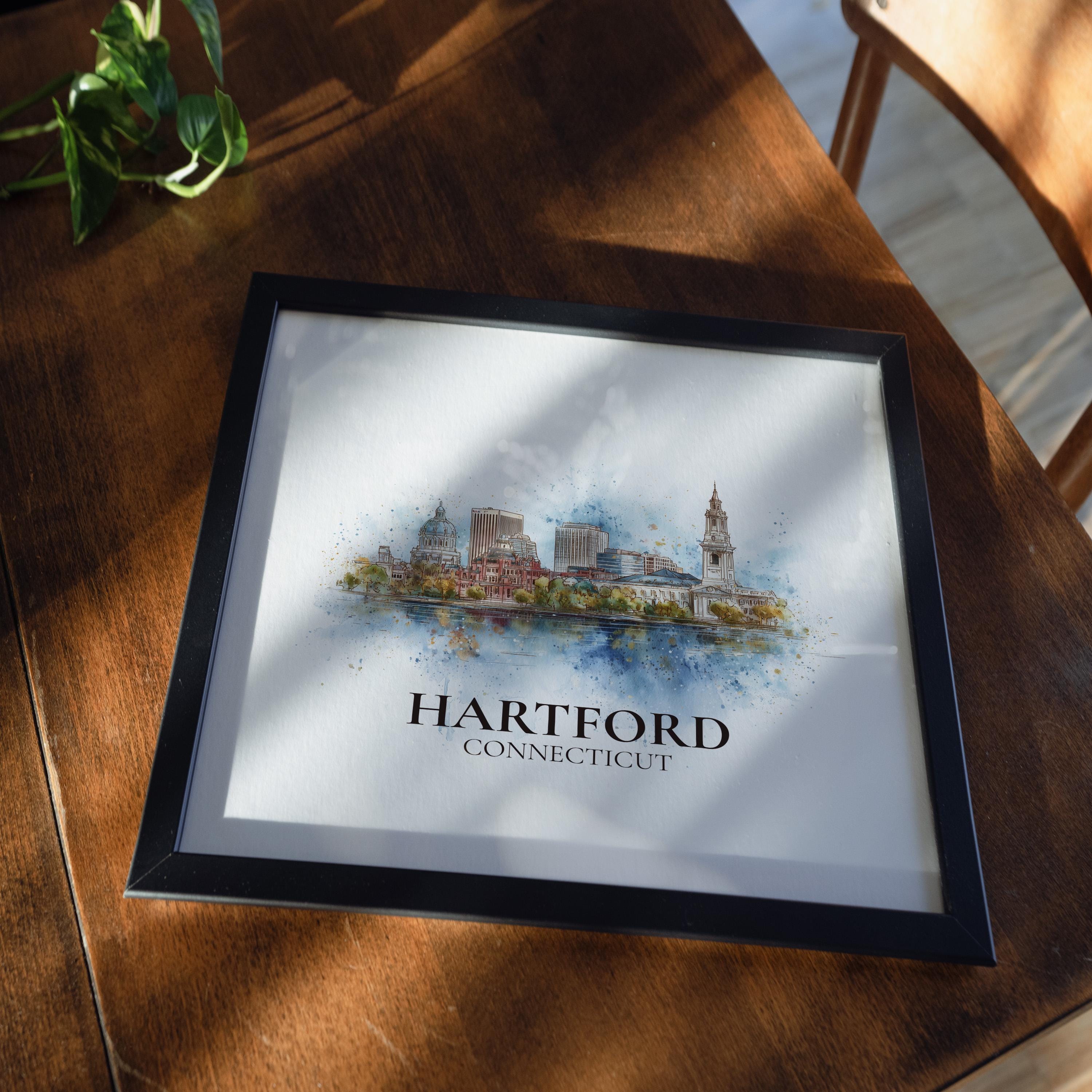 Hartford Connecticut Watercolor Wall Art Print, Custom Travel Poster, World Locations Keepsake Gift