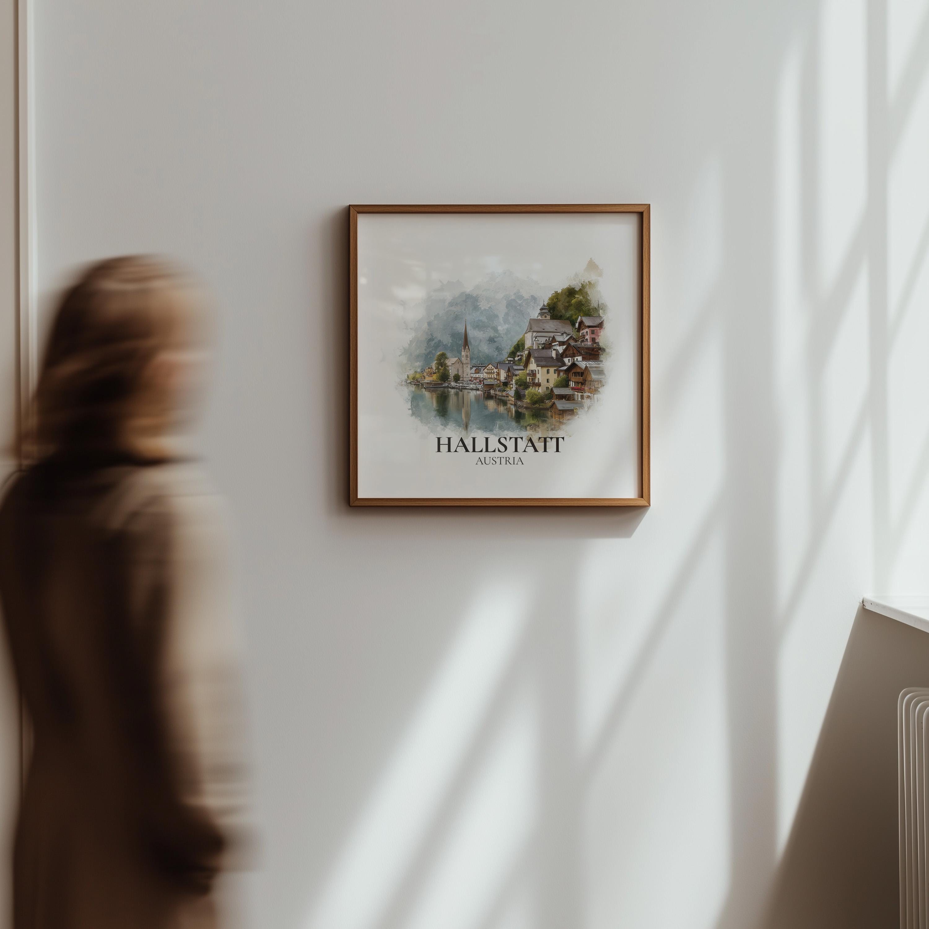 Hallstatt Austria Watercolor Wall Art Print, Custom Travel Poster, World Locations Keepsake Gift