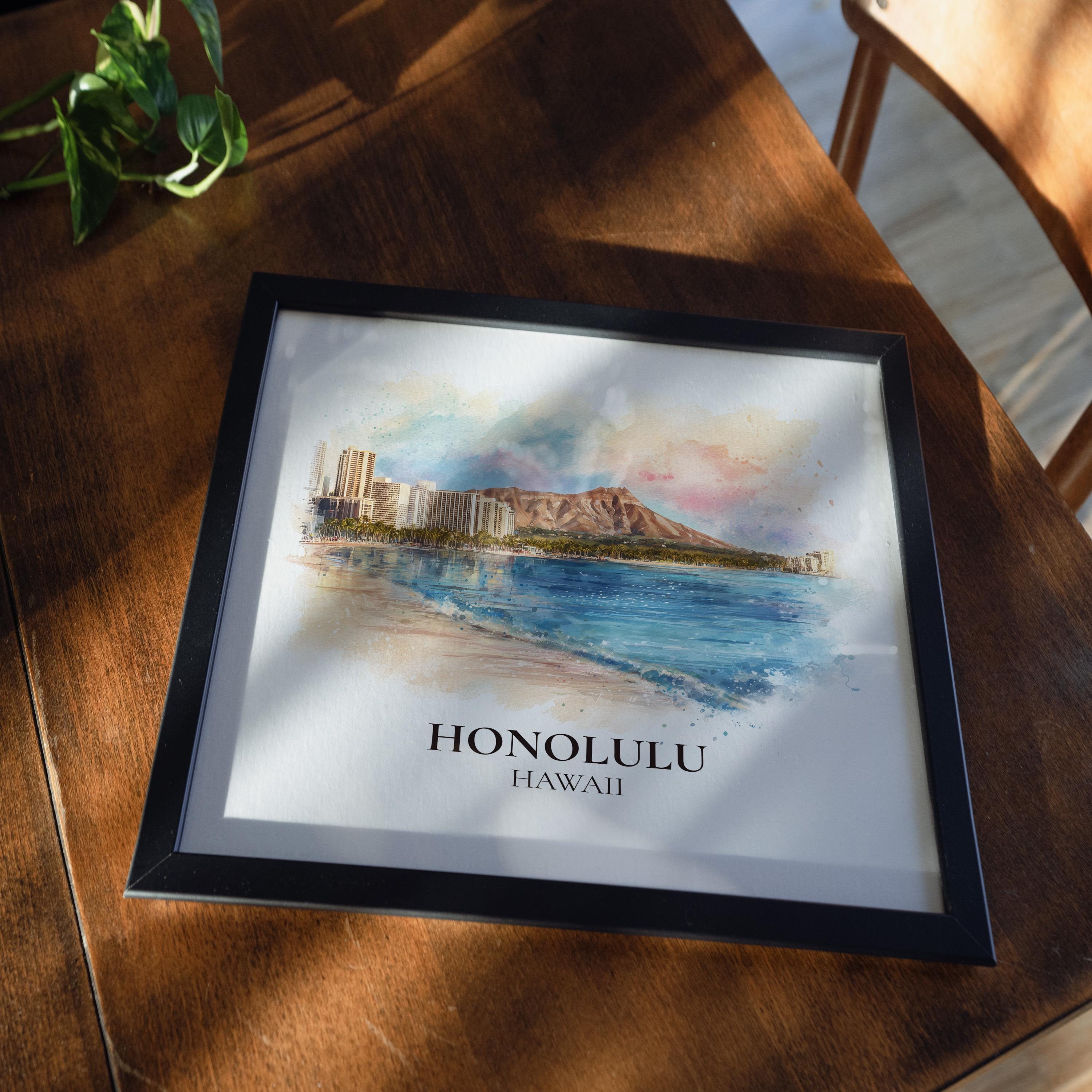 Honolulu Hawaii Watercolor Wall Art Print, Custom Travel Poster, World Locations Keepsake Gift