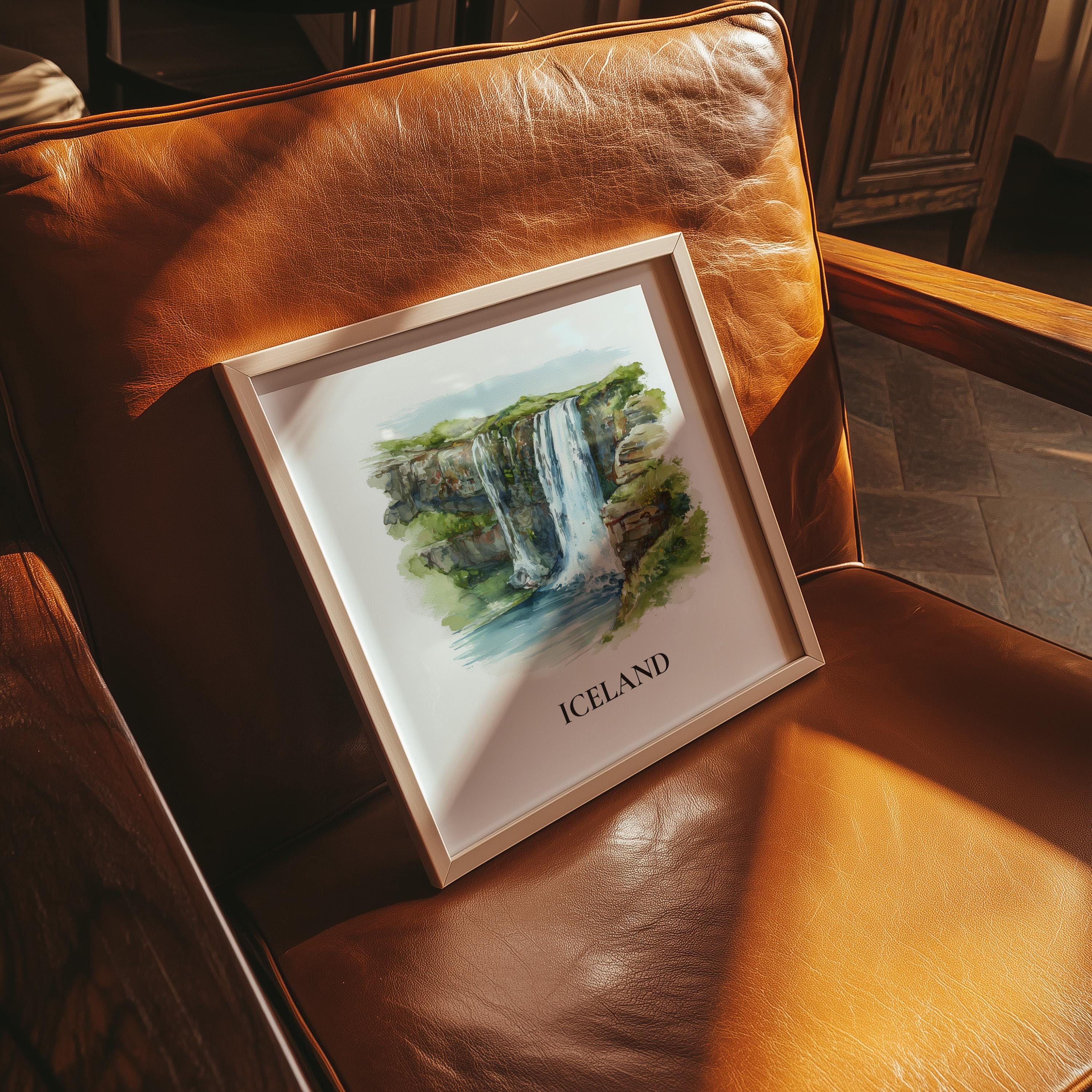 Iceland Waterfalls Watercolor Wall Art Print, Custom Travel Poster, World Locations Keepsake Gift