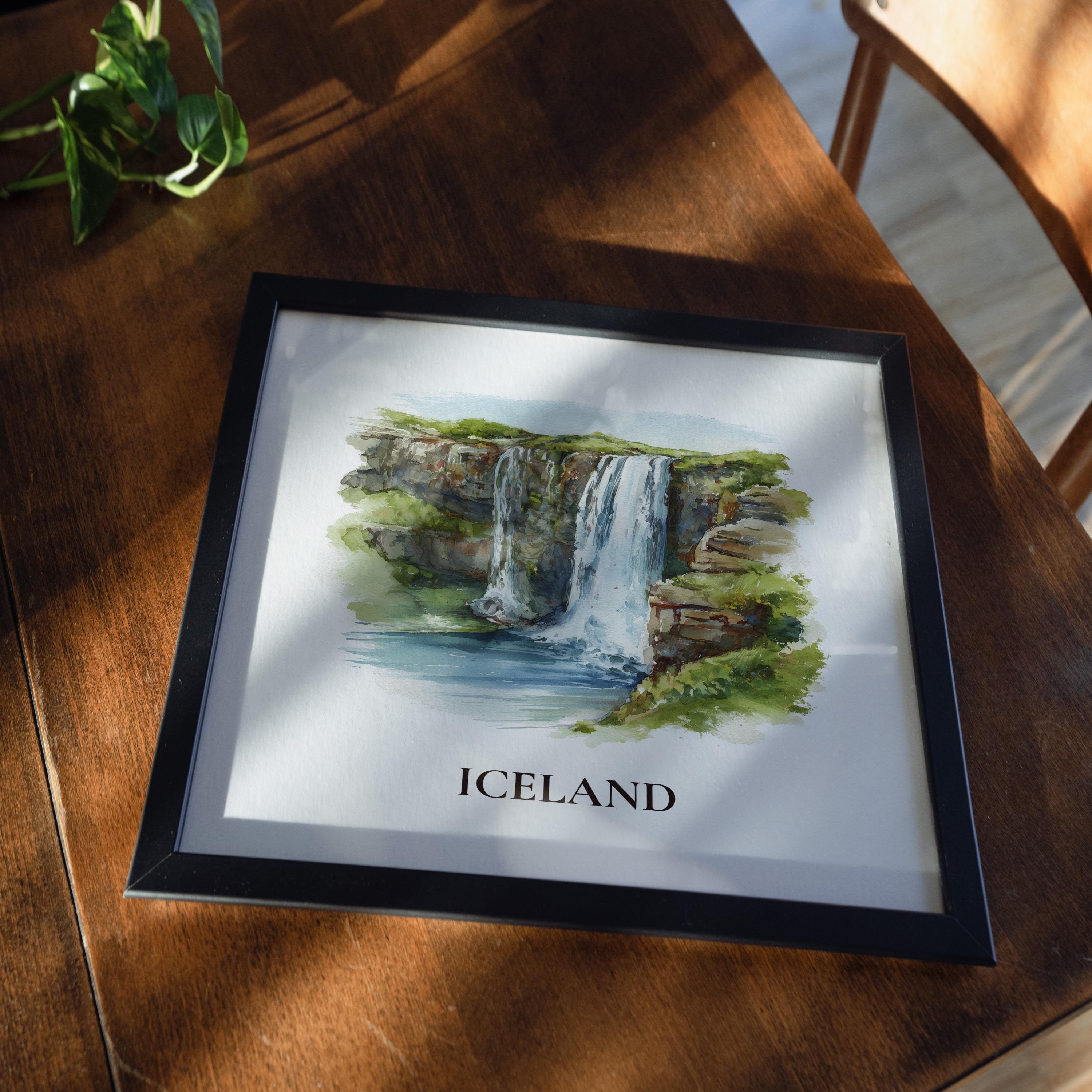 Iceland Waterfalls Watercolor Wall Art Print, Custom Travel Poster, World Locations Keepsake Gift
