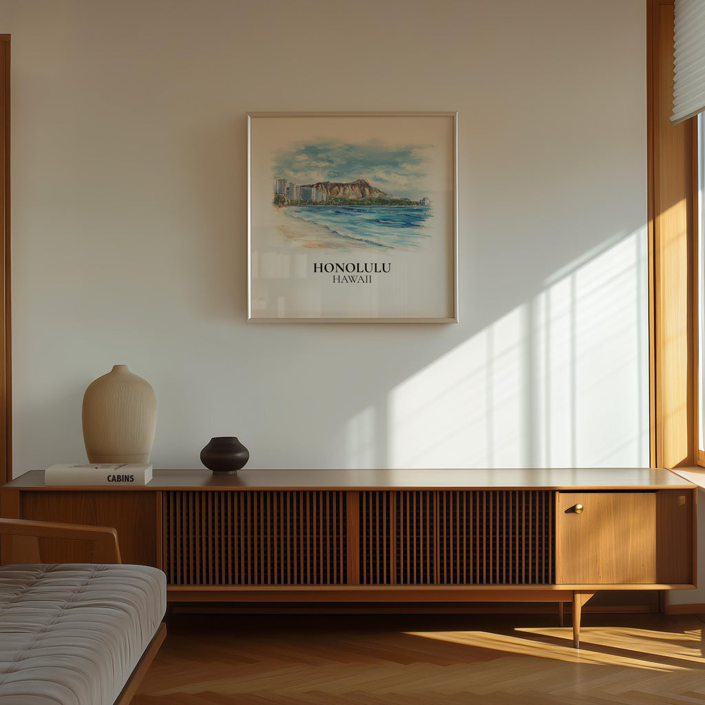 Honolulu Wall Art Hawaii Watercolor  Print, Custom Travel Poster, World Locations Keepsake Gift