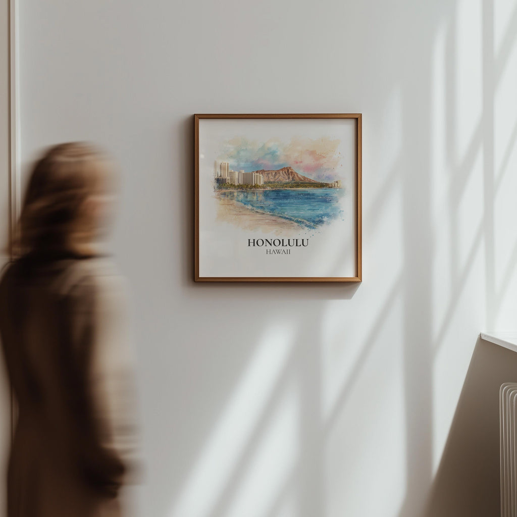 Honolulu Hawaii Watercolor Wall Art Print, Custom Travel Poster, World Locations Keepsake Gift