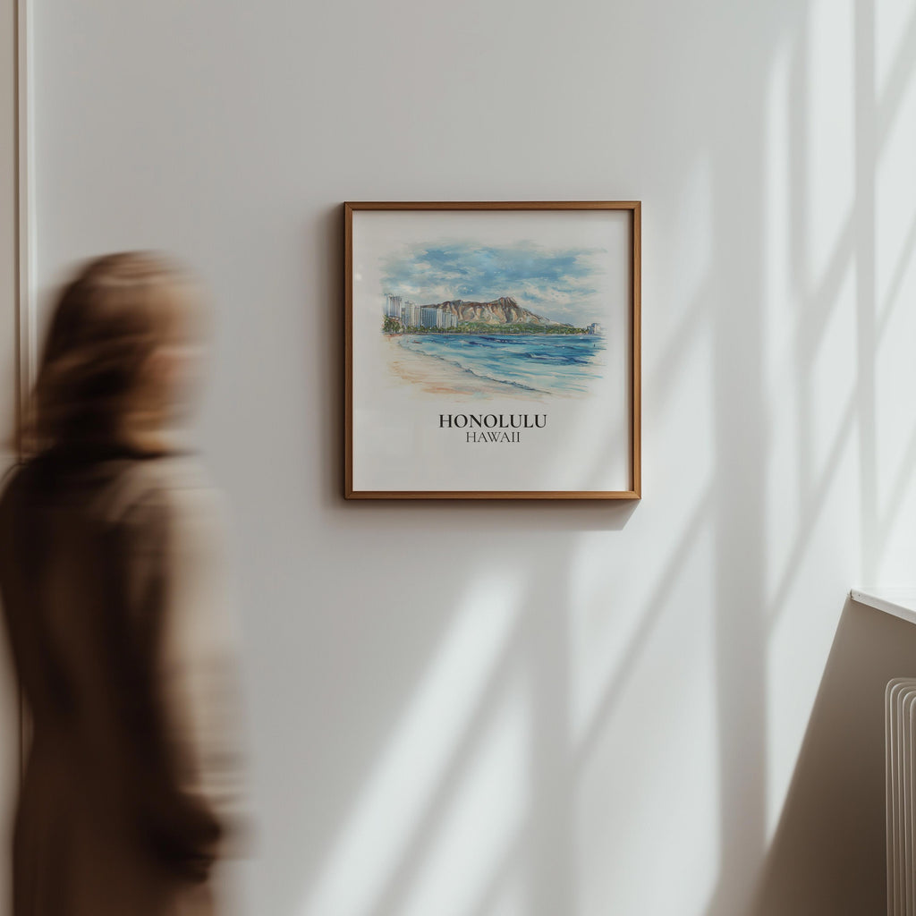 Honolulu Wall Art Hawaii Watercolor  Print, Custom Travel Poster, World Locations Keepsake Gift