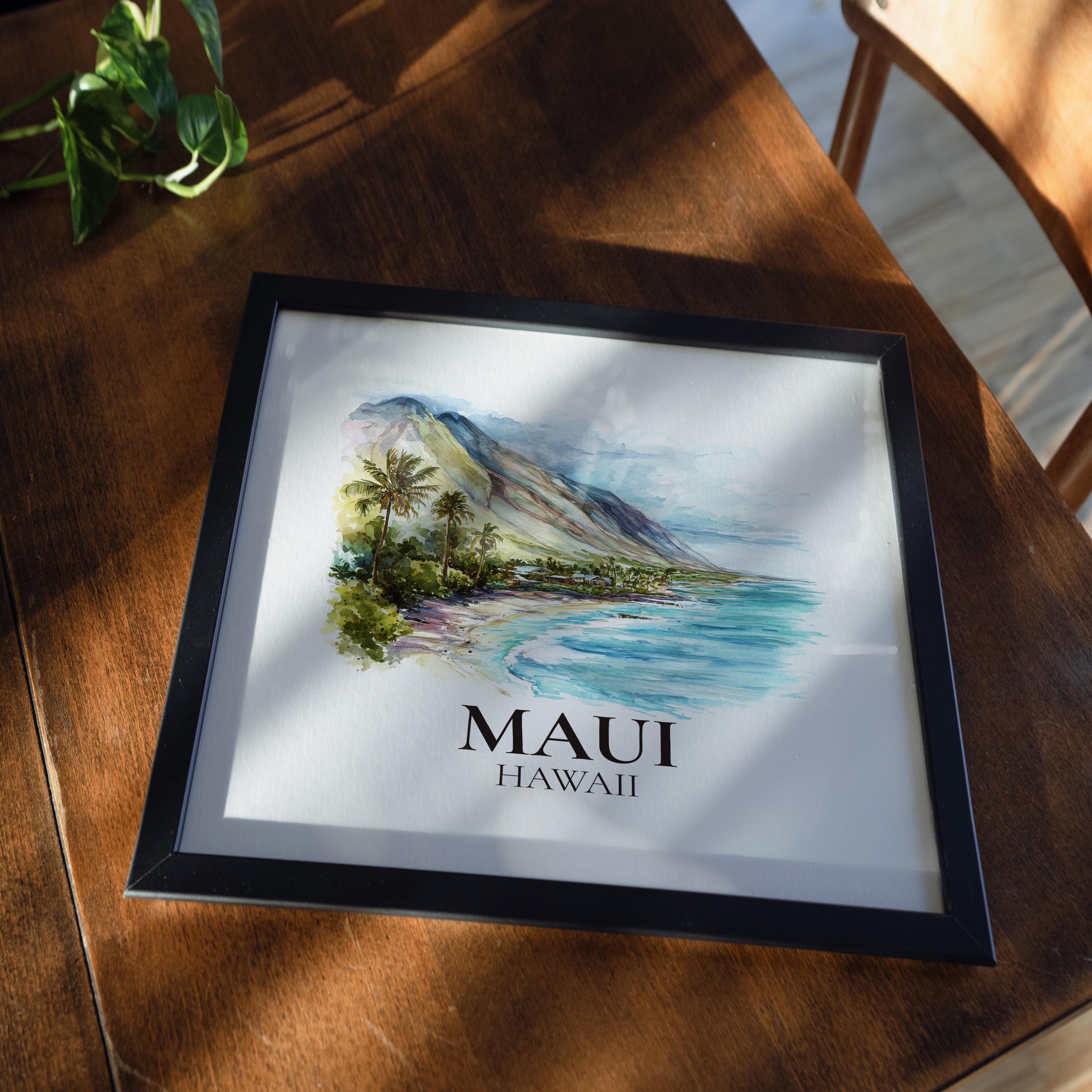 Maui Hawaii Watercolor Wall Art Print, Custom Travel Poster, World Locations Keepsake Gift