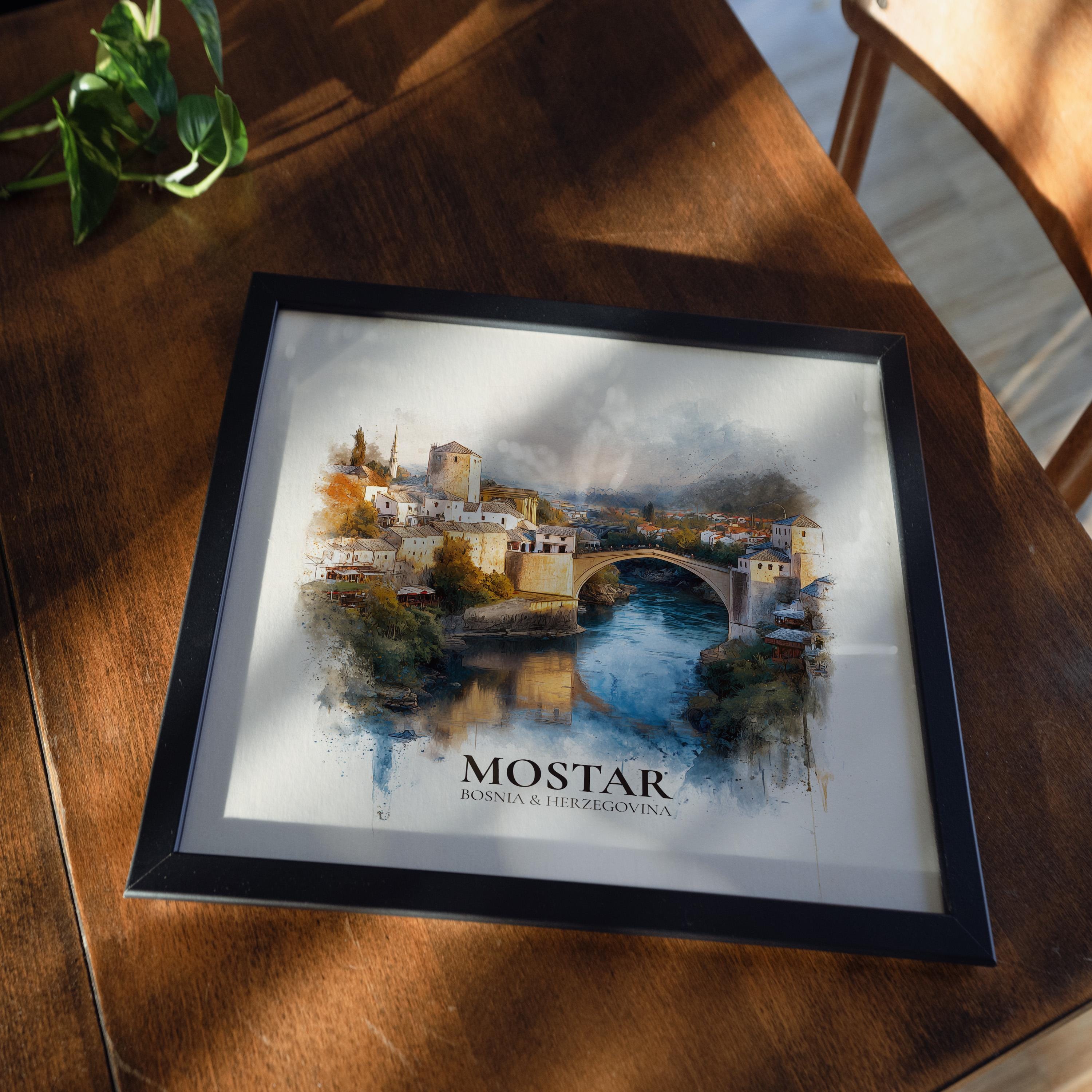Mostar Bosnia and Herzegovina Watercolor Wall Art Print, Custom Travel Poster, World Locations Keepsake Gift