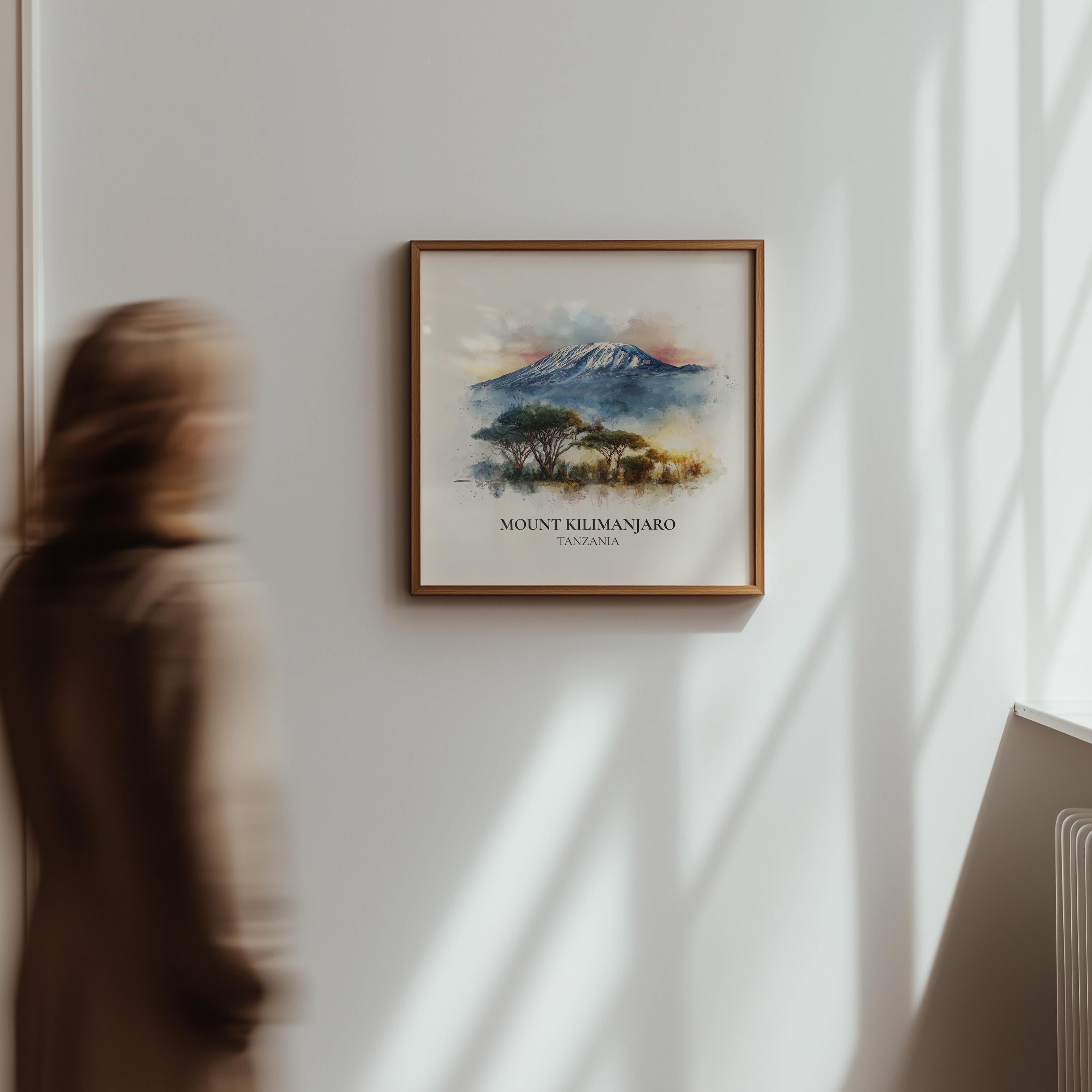 Mount Kilimanjaro Tanzania Watercolor Wall Art Print, Custom Travel Poster, World Locations Keepsake Gift