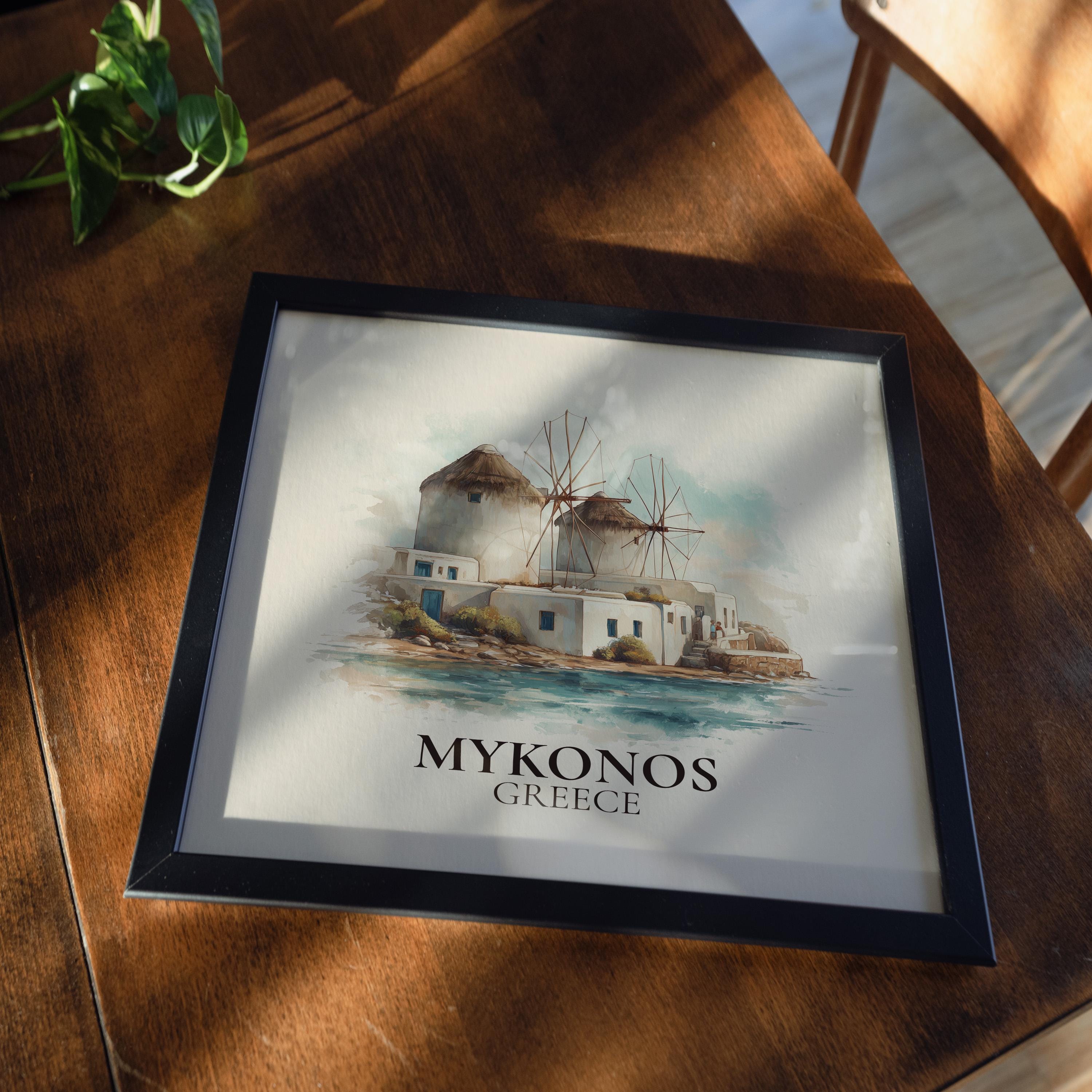 Mykonos Wall Art Greece Watercolor Print, Custom Travel Poster, World Locations Keepsake Gift
