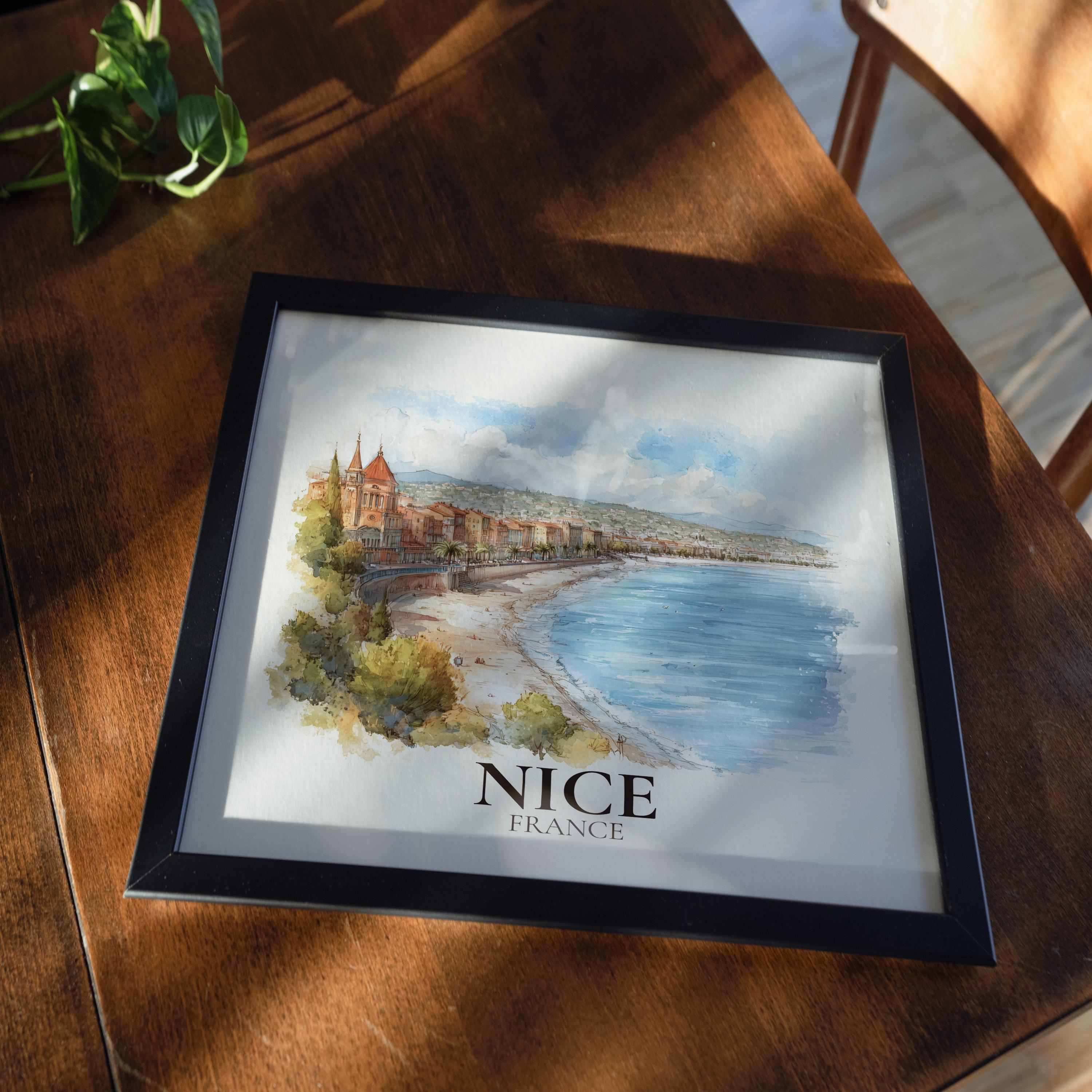 Nice France Watercolor Wall Art Print, Custom Travel Poster, World Locations Keepsake Gift