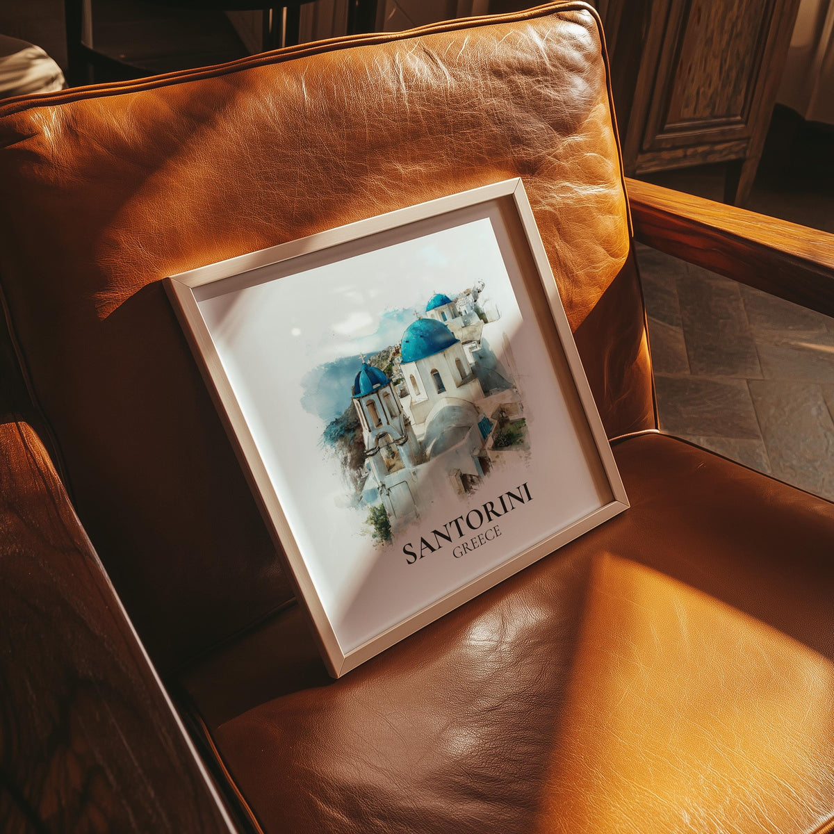 Santorini Wall Art Greece Watercolor Print, Custom Travel Poster, World Locations Keepsake Gift