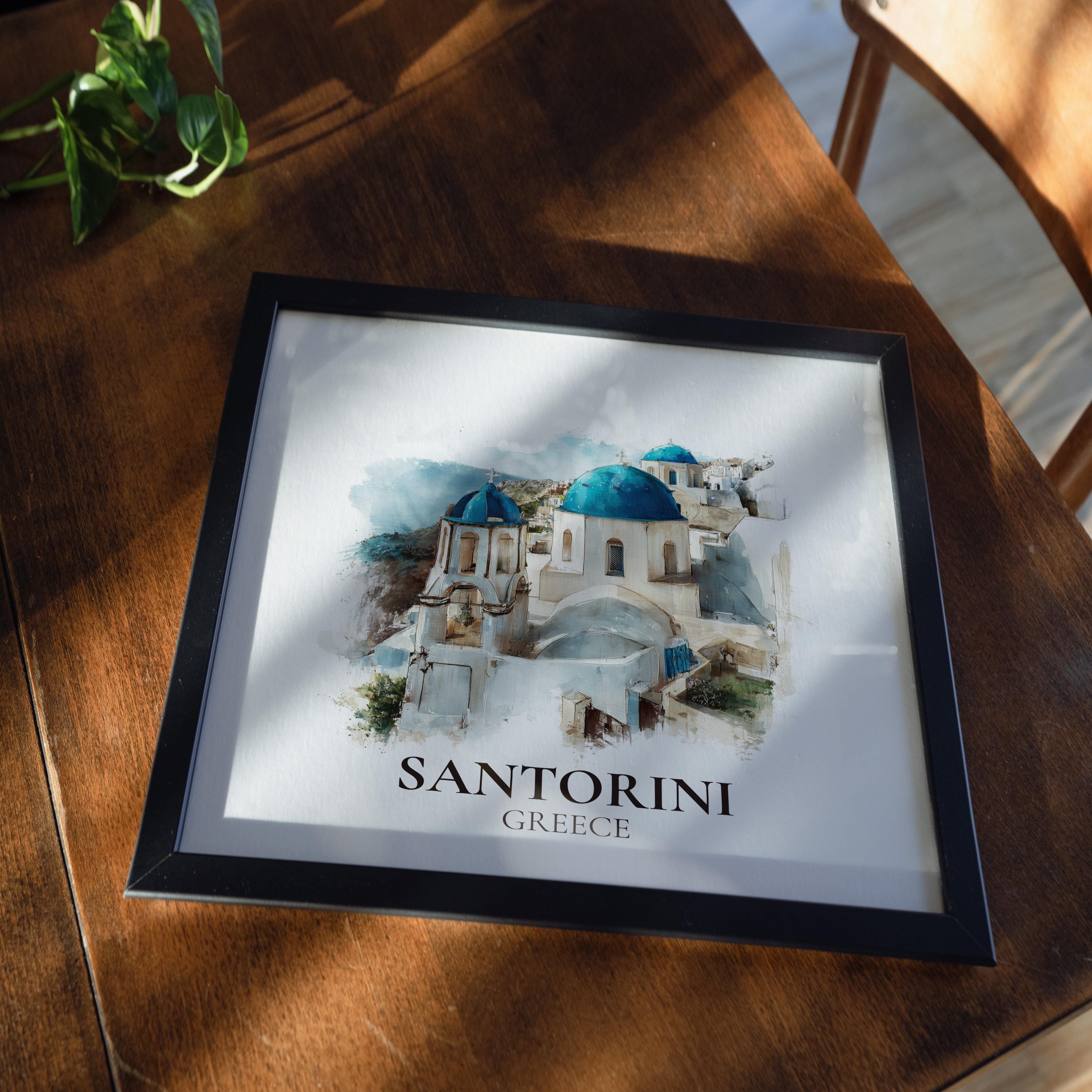 Santorini Wall Art Greece Watercolor Print, Custom Travel Poster, World Locations Keepsake Gift