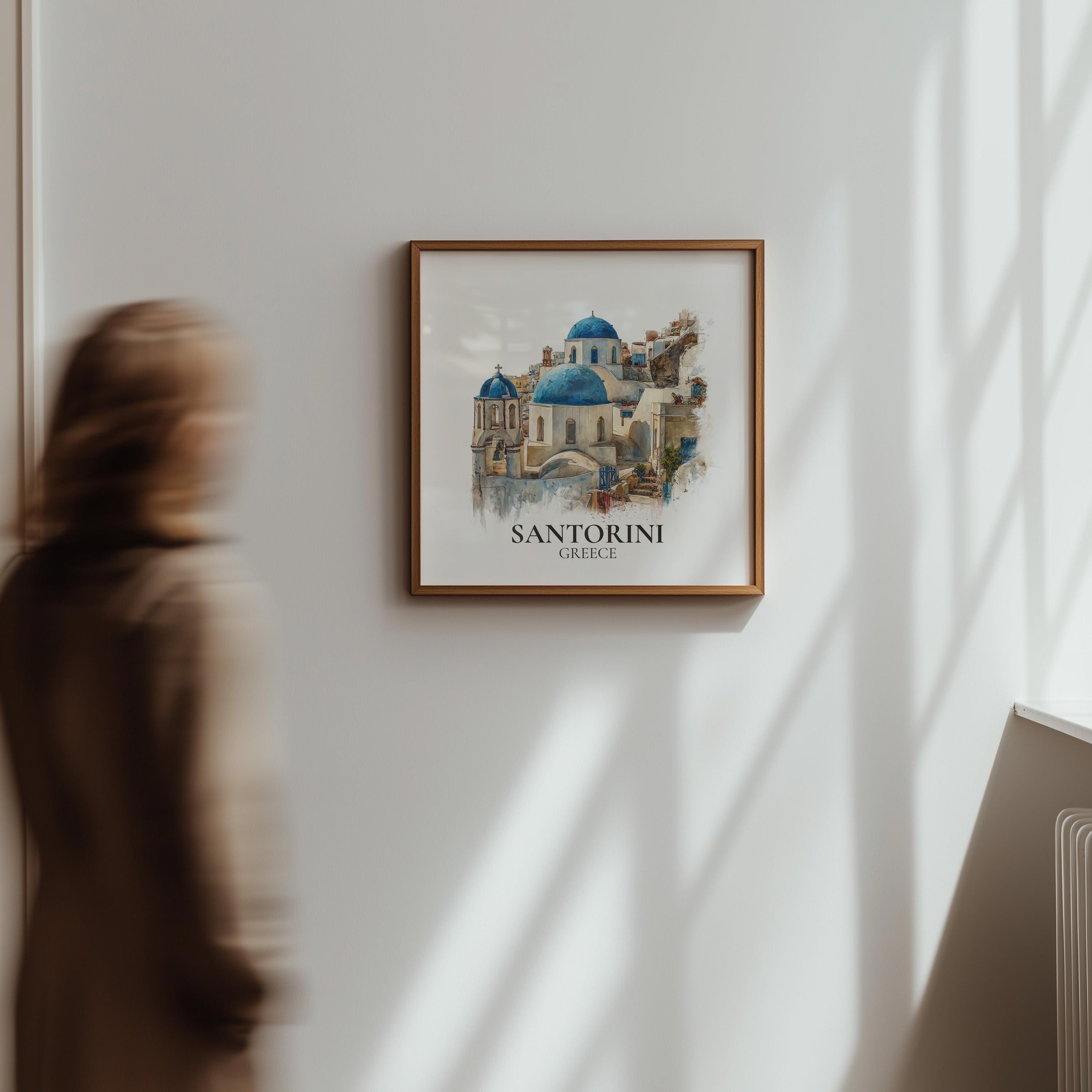 Santorini Greece Watercolor Wall Art Print, Custom Travel Poster, World Locations Keepsake Gift