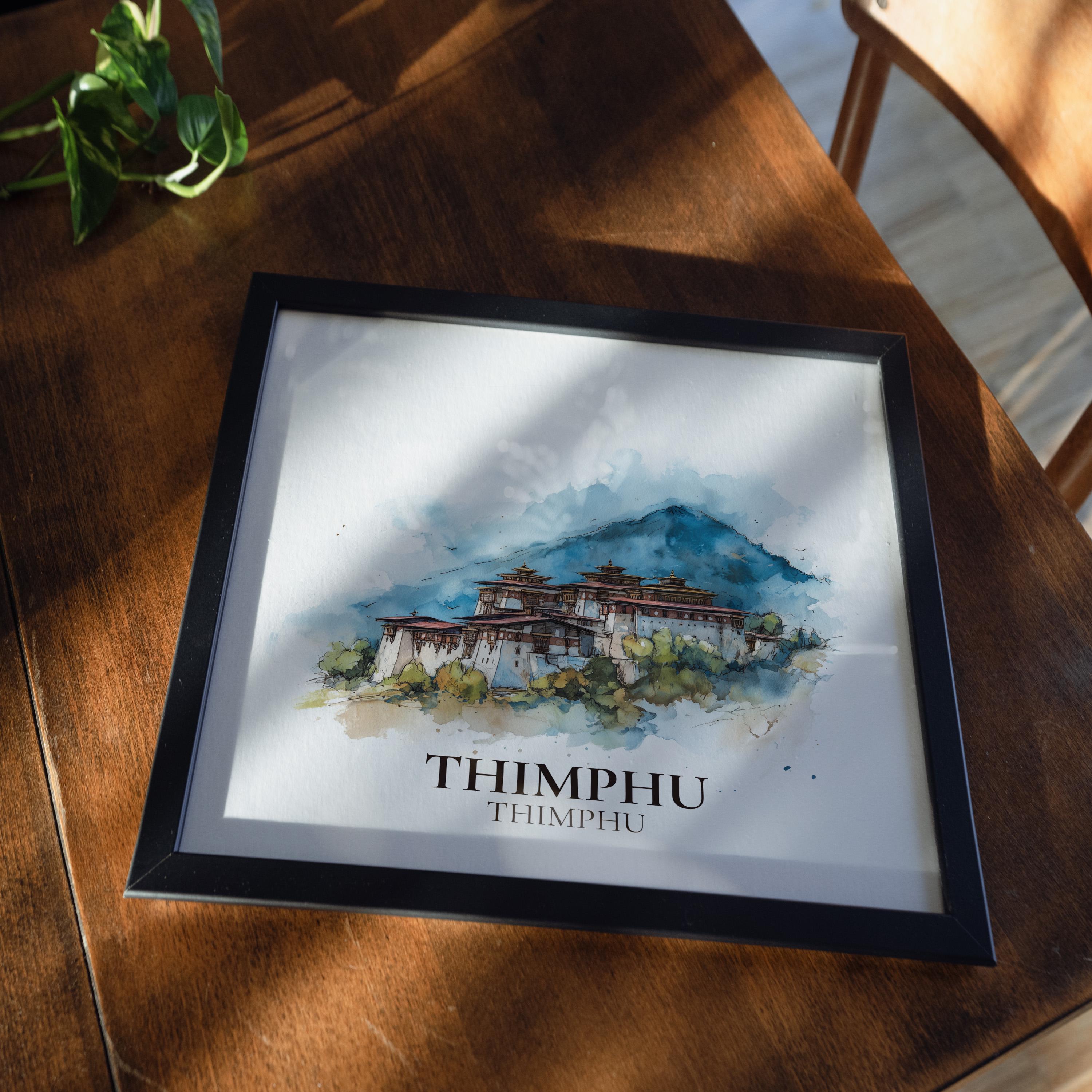 Thimphu Bhutan Watercolor Wall Art Print, Custom Travel Poster, World Locations Keepsake Gift