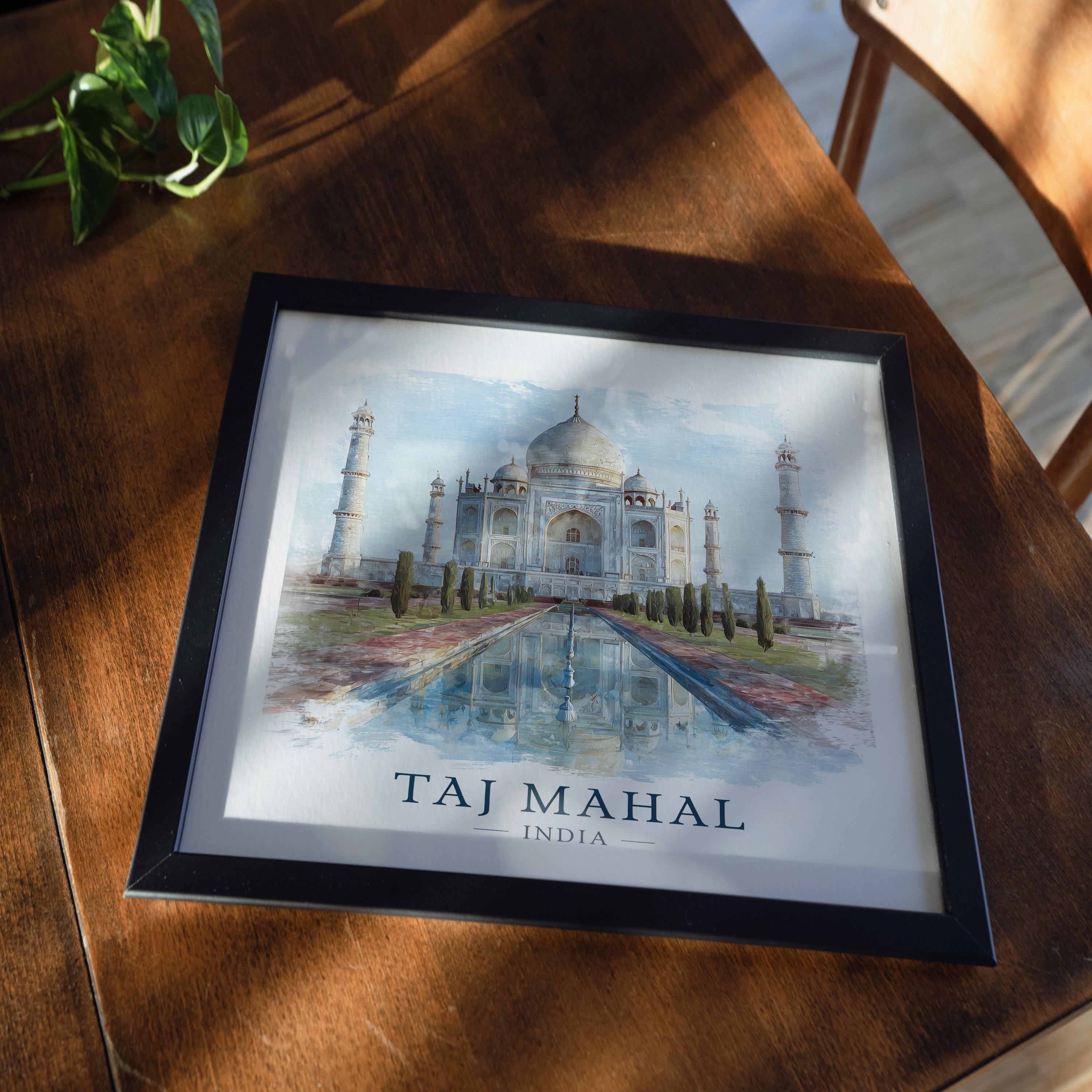 Taj Mahal India Watercolor Wall Art Print, Custom Travel Poster, World Locations Keepsake Gift
