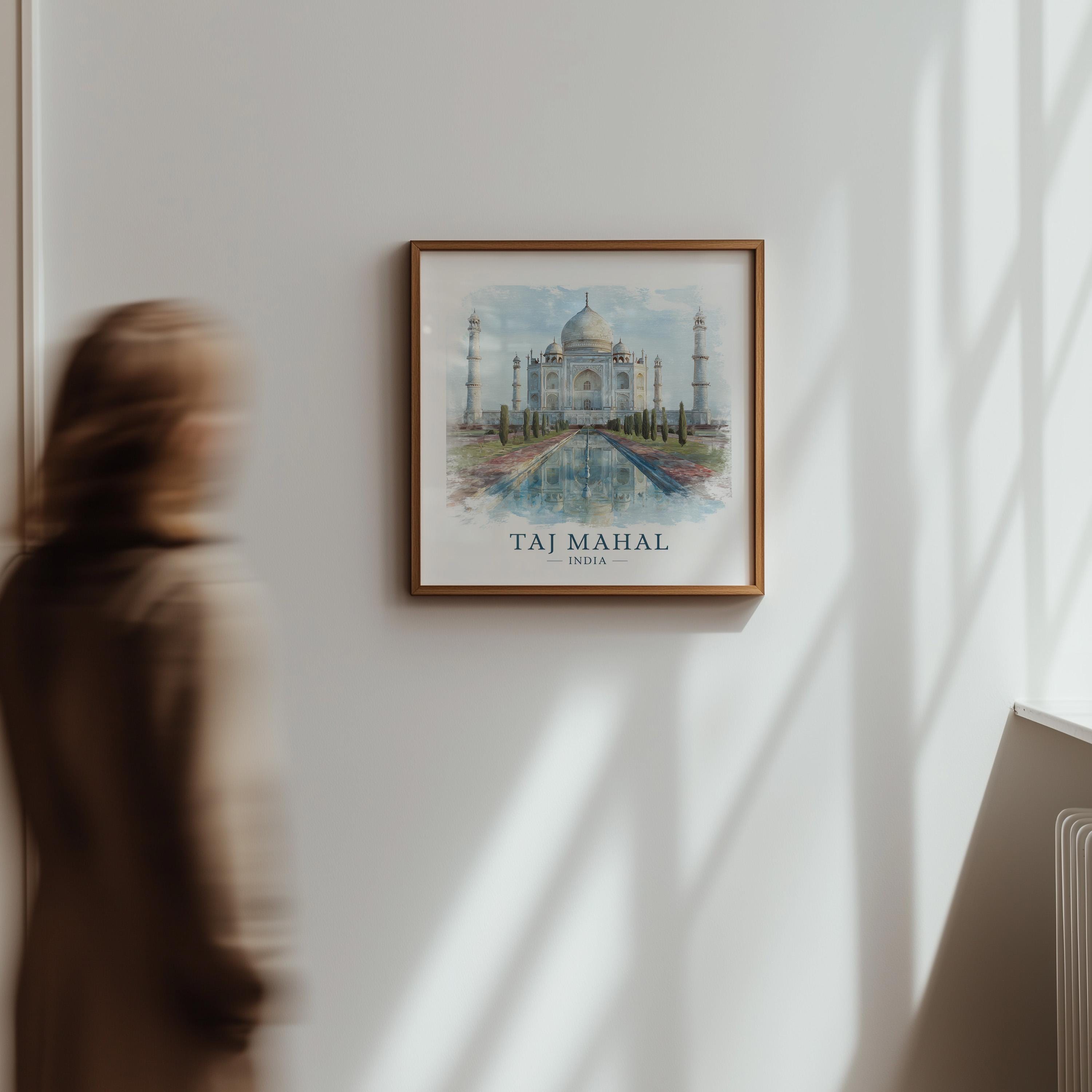 Taj Mahal India Watercolor Wall Art Print, Custom Travel Poster, World Locations Keepsake Gift