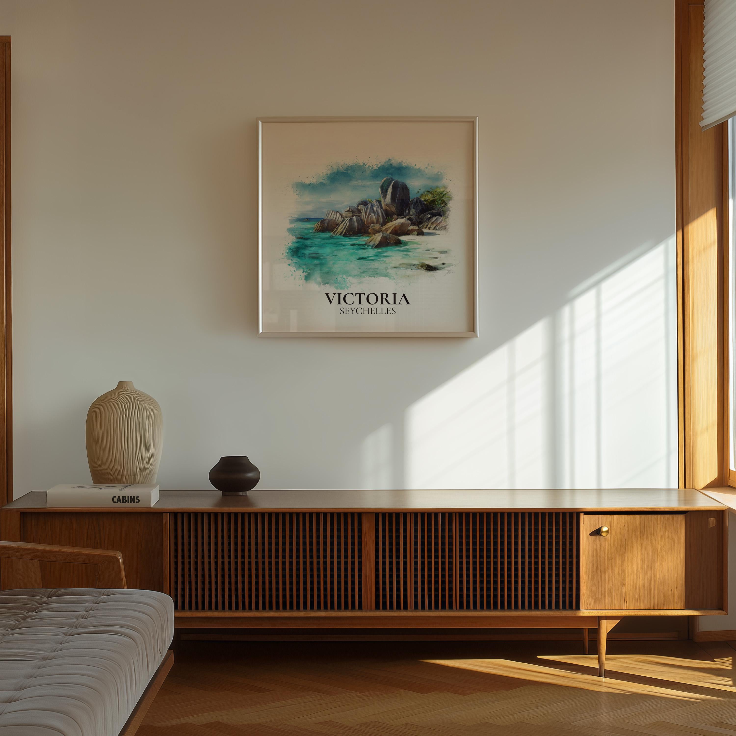 Victoria Seychelles Watercolor Wall Art Print, Custom Travel Poster, World Locations Keepsake Gift