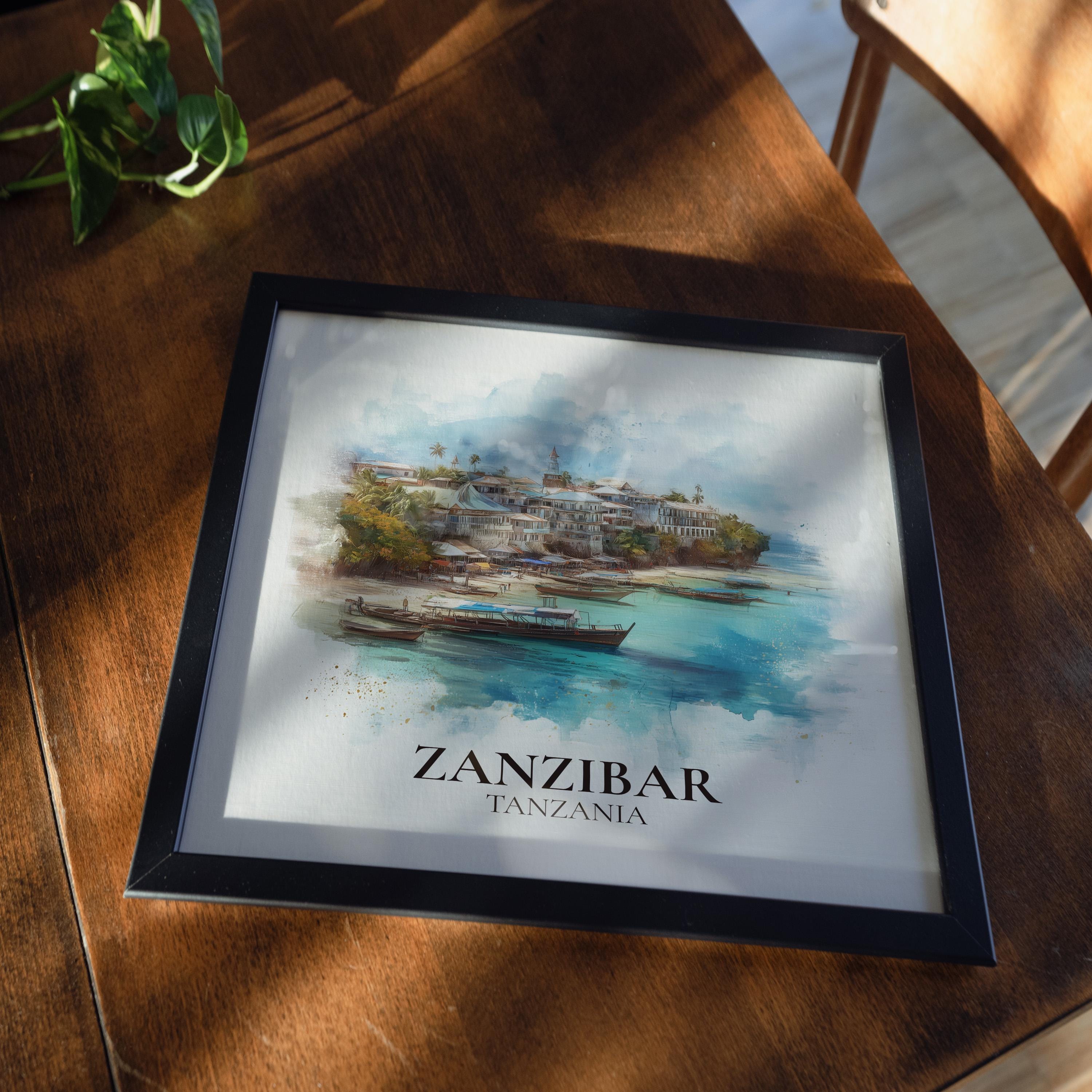 Zanzibar Tanzania Watercolor Wall Art Print, Custom Travel Poster, World Locations Keepsake Gift