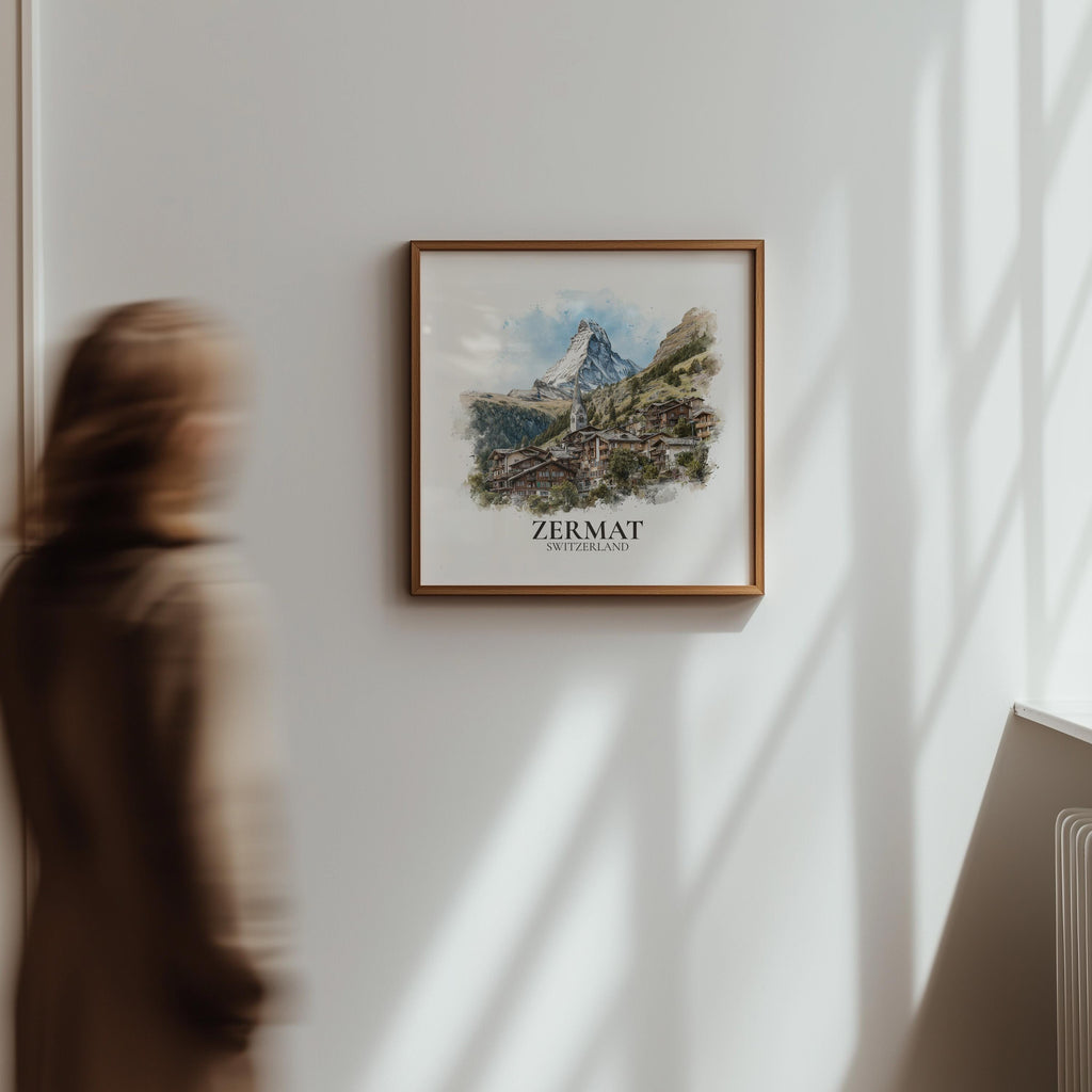 Zermatt Switzerland Watercolor Wall Art Print, Custom Travel Poster, World Locations Keepsake Gift