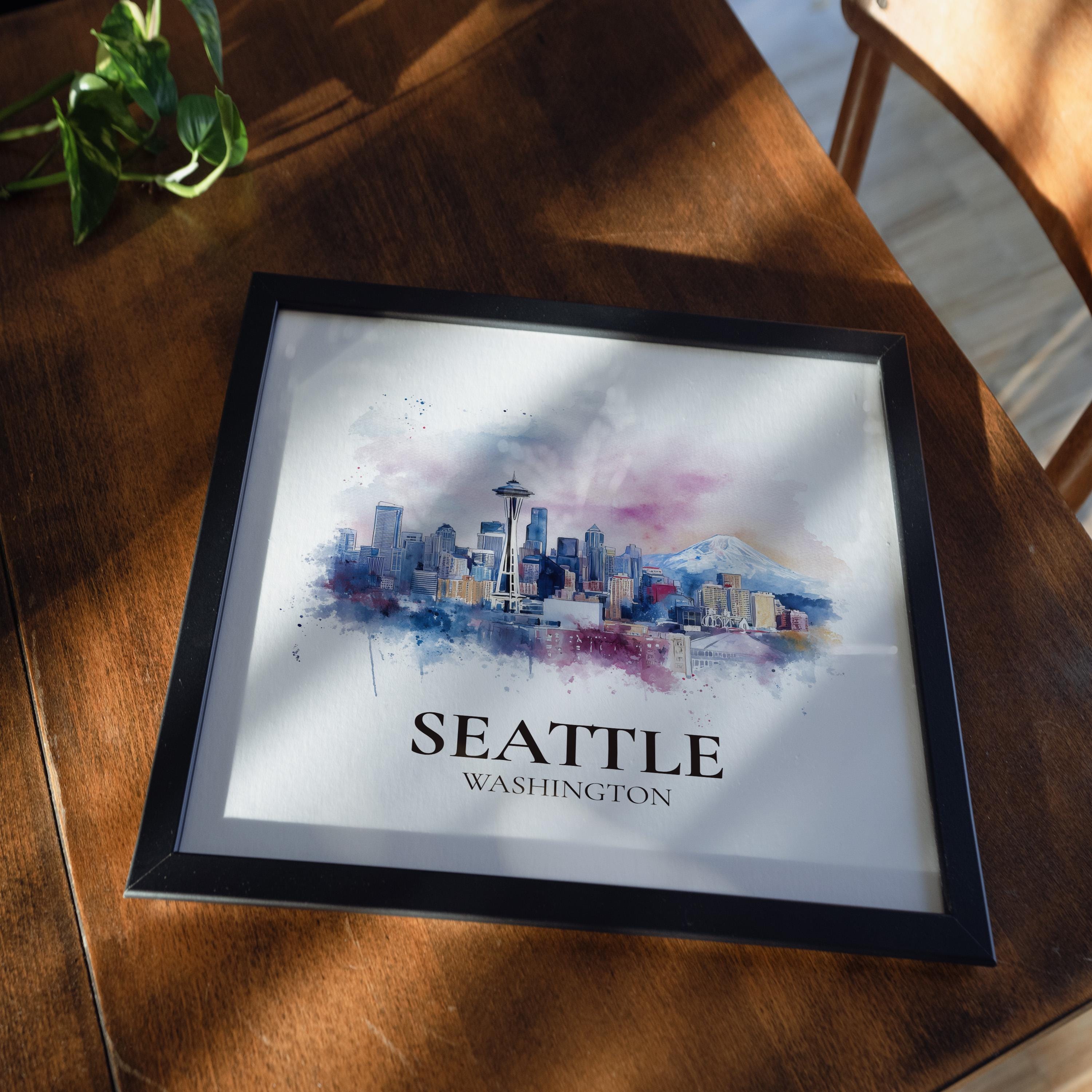 Seattle Washington Watercolor Wall Art Print, Custom Travel Poster, World Locations Keepsake Gift
