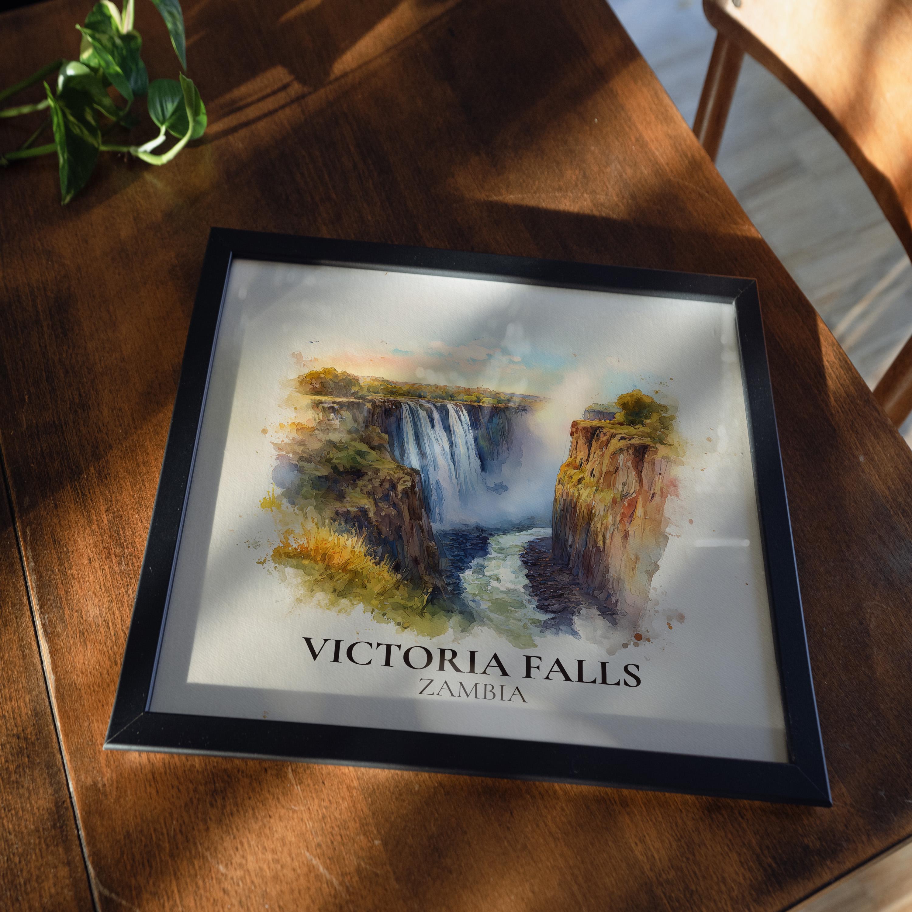 Victoria Falls Zambia Watercolor Wall Art Print, Custom Travel Poster, World Locations Keepsake Gift