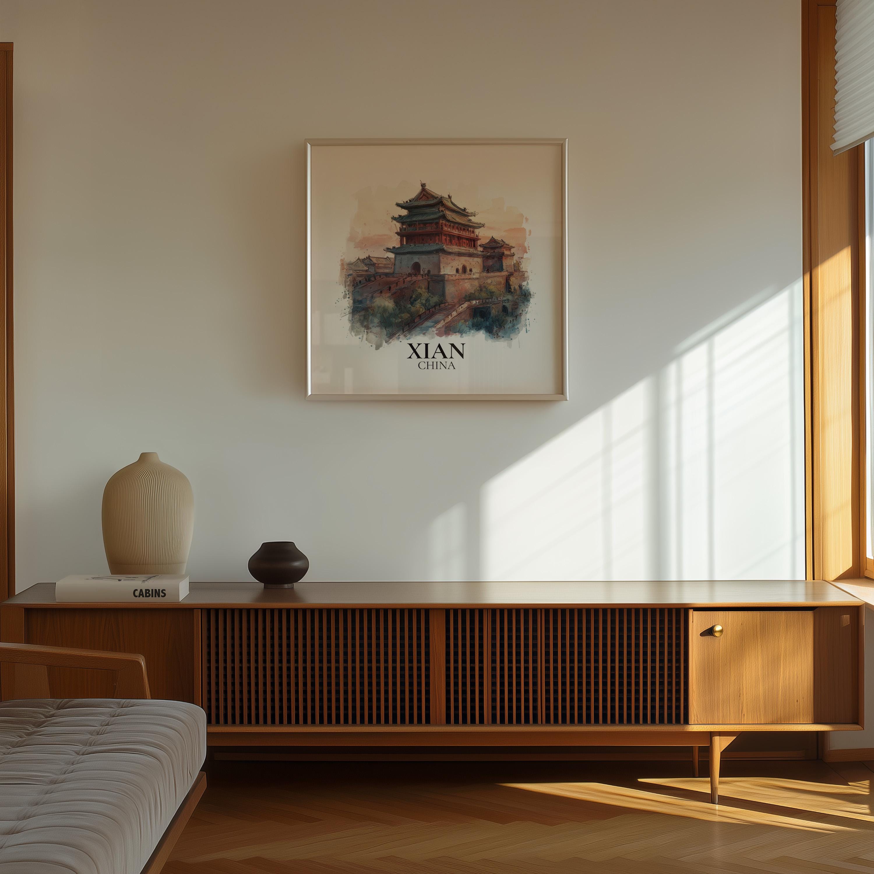 Xian China Watercolor Wall Art Print, Custom Travel Poster, World Locations Keepsake Gift