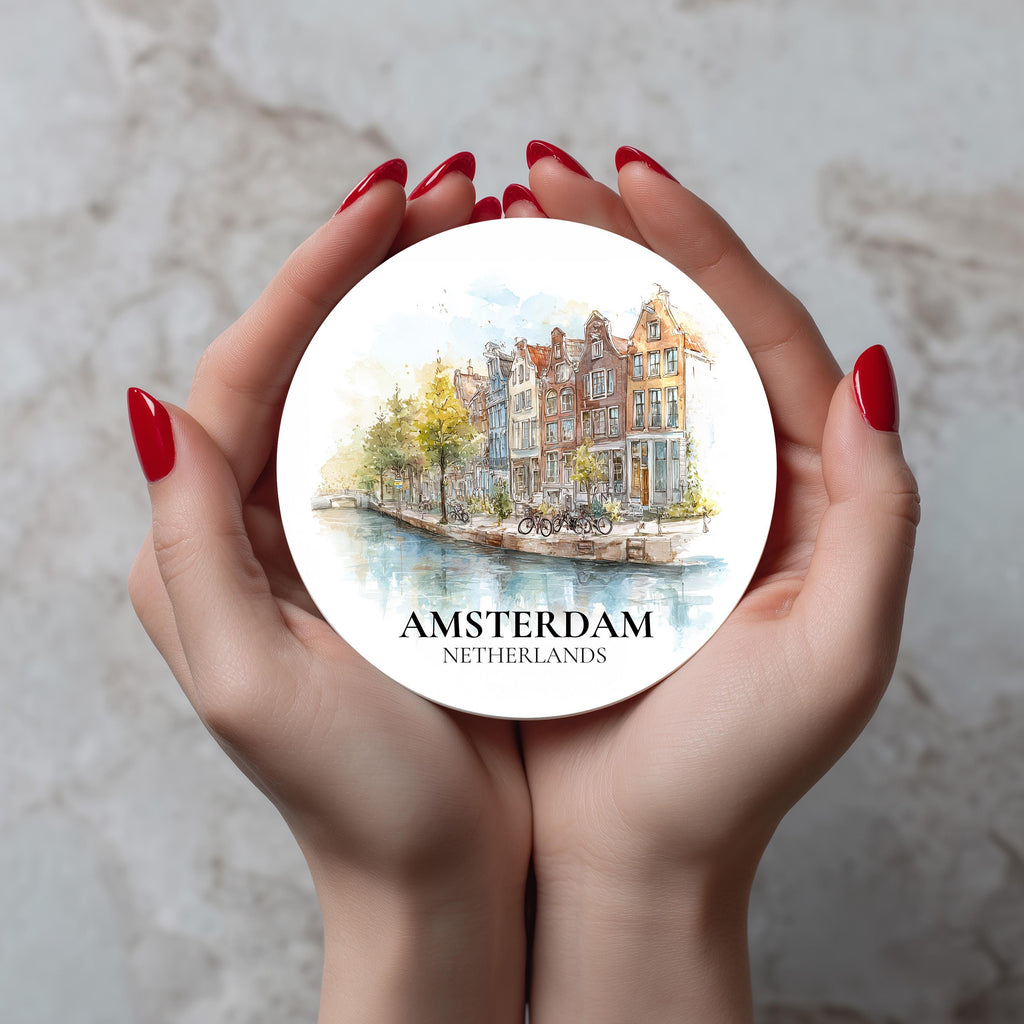 Amsterdam Netherlands Coaster, Watercolor Personalized Painting, Travel Gift Souvenir, Home Decor, Ceramic Set