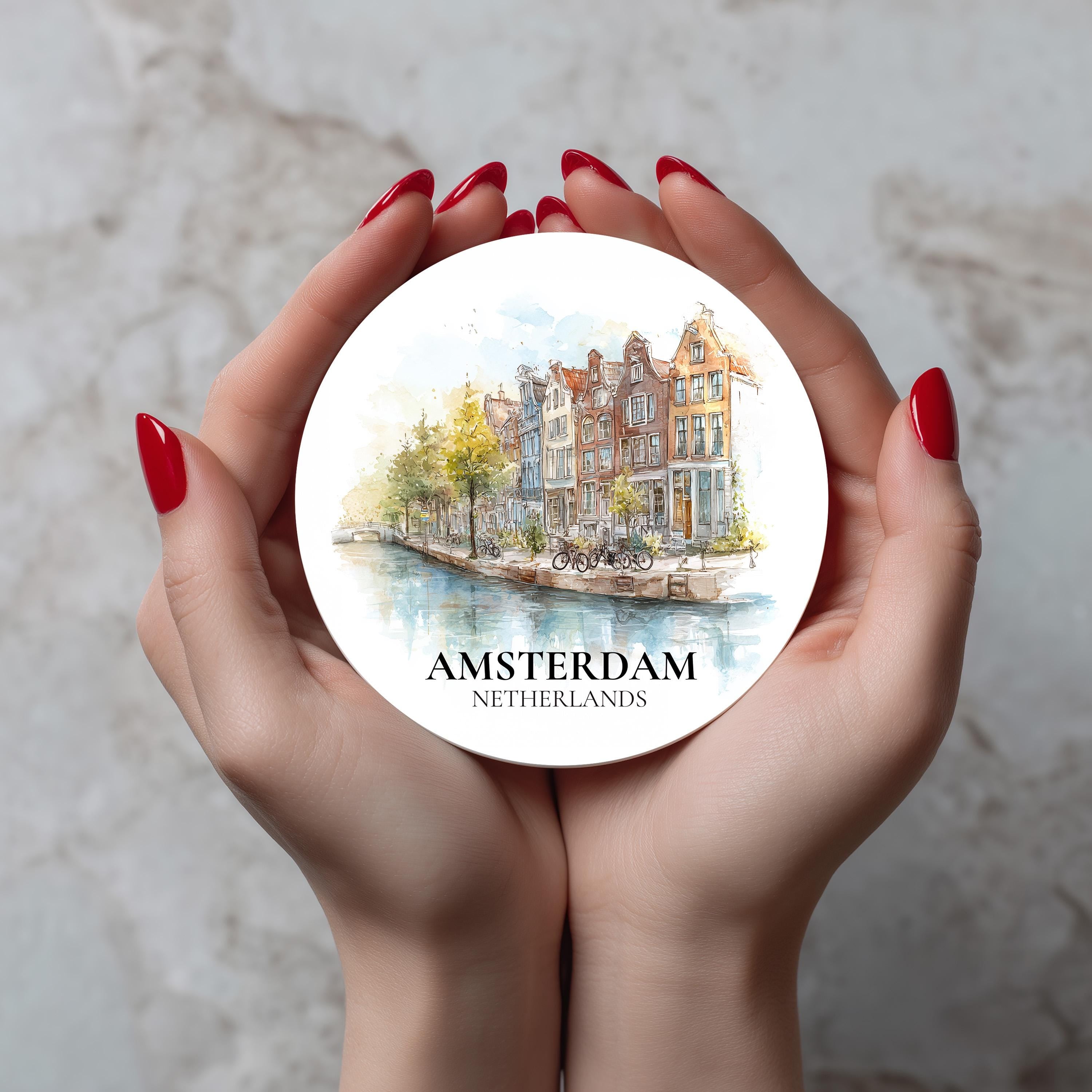 Amsterdam Netherlands Coaster, Watercolor Personalized Painting, Travel Gift Souvenir, Home Decor, Ceramic Set
