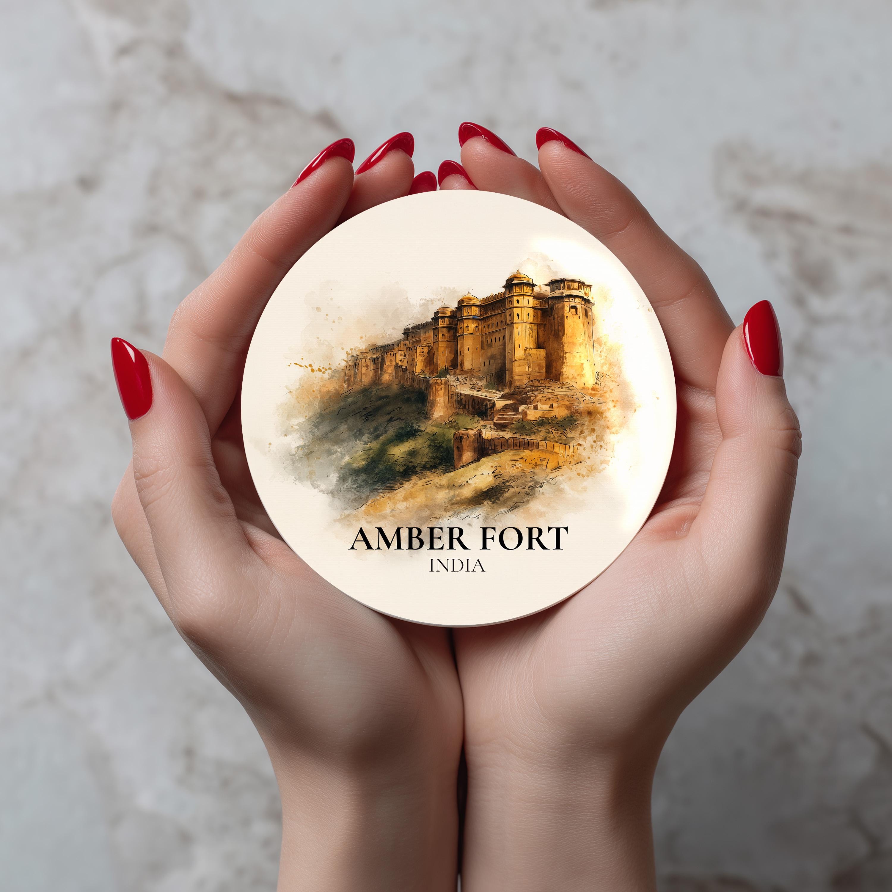 Amber Fort India Coaster, Watercolor Personalized Painting, Travel Gift Souvenir, Home Decor, Ceramic Set