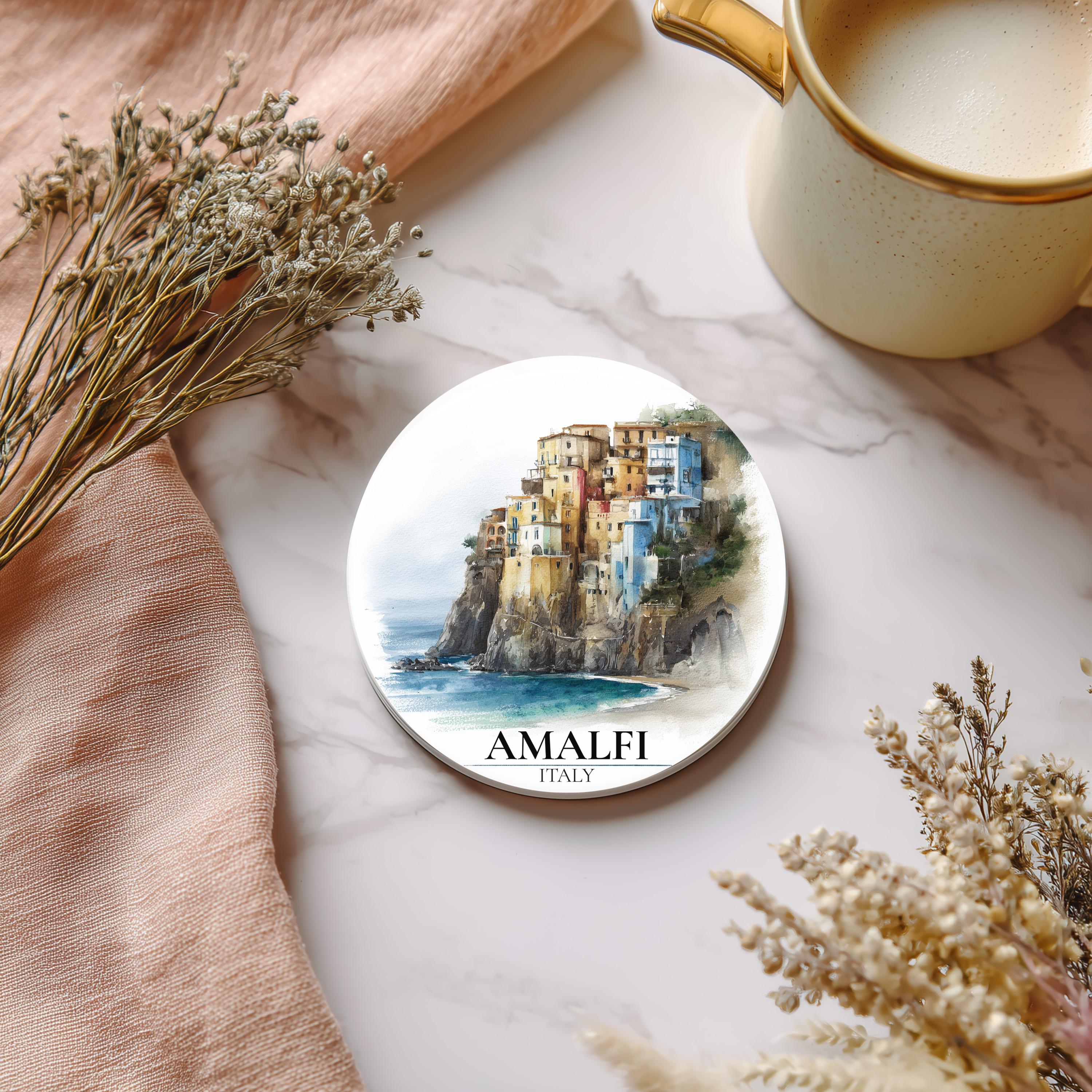 Amalfi Coast Italy3 Coaster, Watercolor Personalized Painting, Travel Gift Souvenir, Home Decor, Ceramic Set