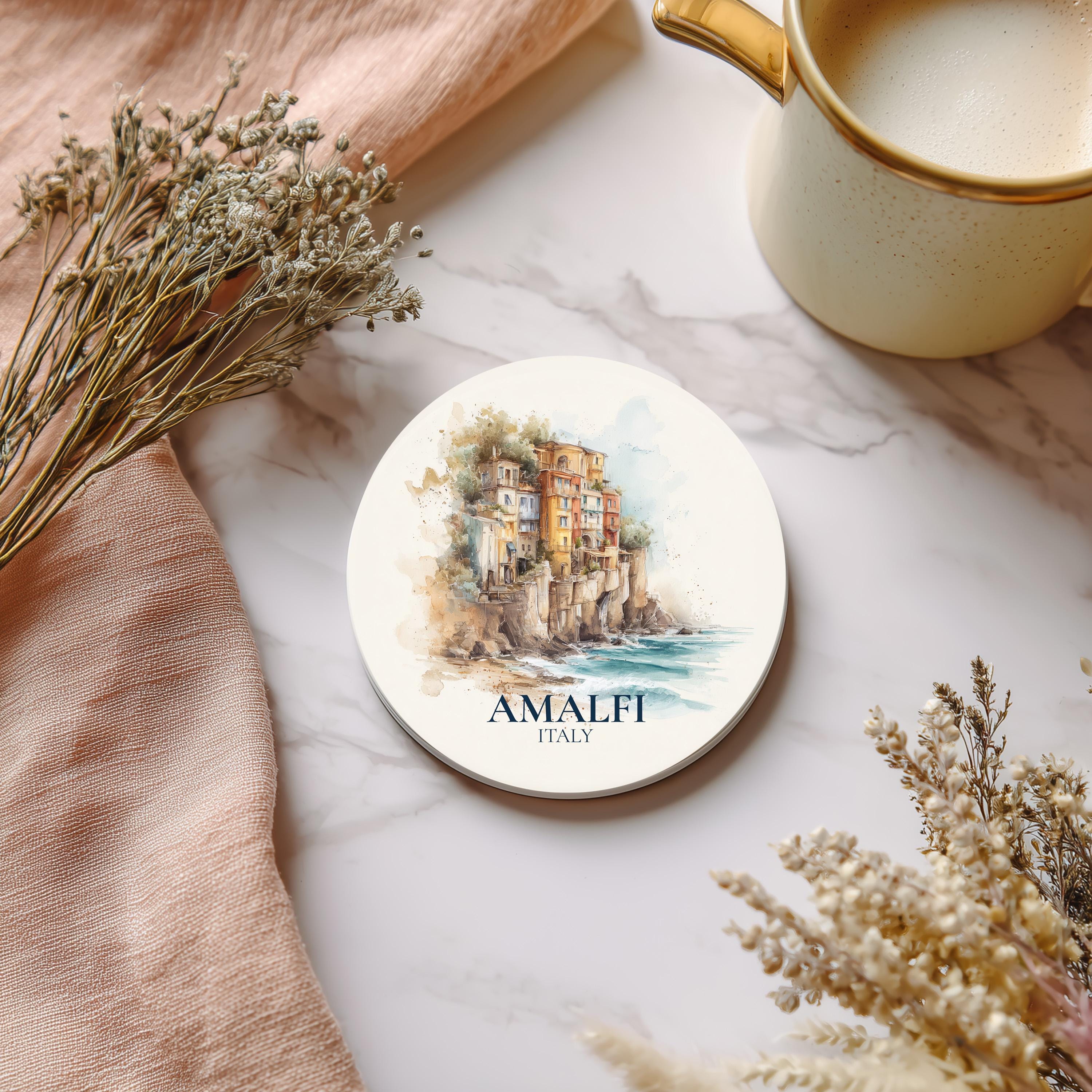 Amalfi Coast Italy Coaster, Watercolor Personalized Painting, Travel Gift Souvenir, Home Decor, Ceramic Set