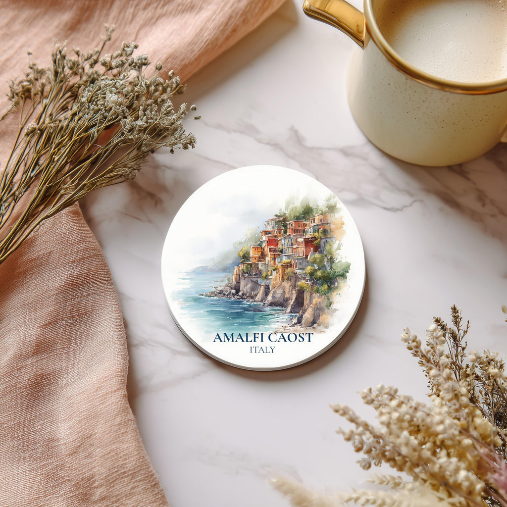 Amalfi Coast Italy2 Coaster, Watercolor Personalized Painting, Travel Gift Souvenir, Home Decor, Ceramic Set