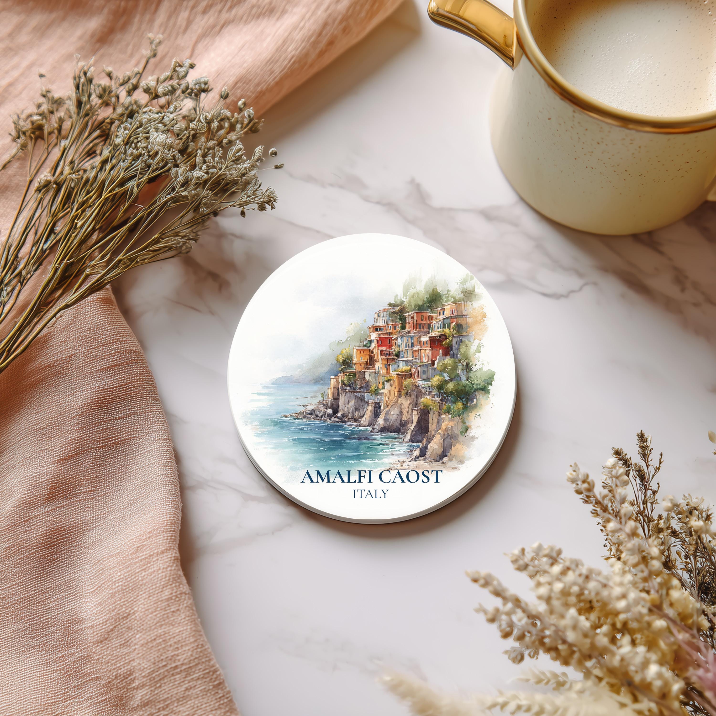 Amalfi Coast Italy2 Coaster, Watercolor Personalized Painting, Travel Gift Souvenir, Home Decor, Ceramic Set