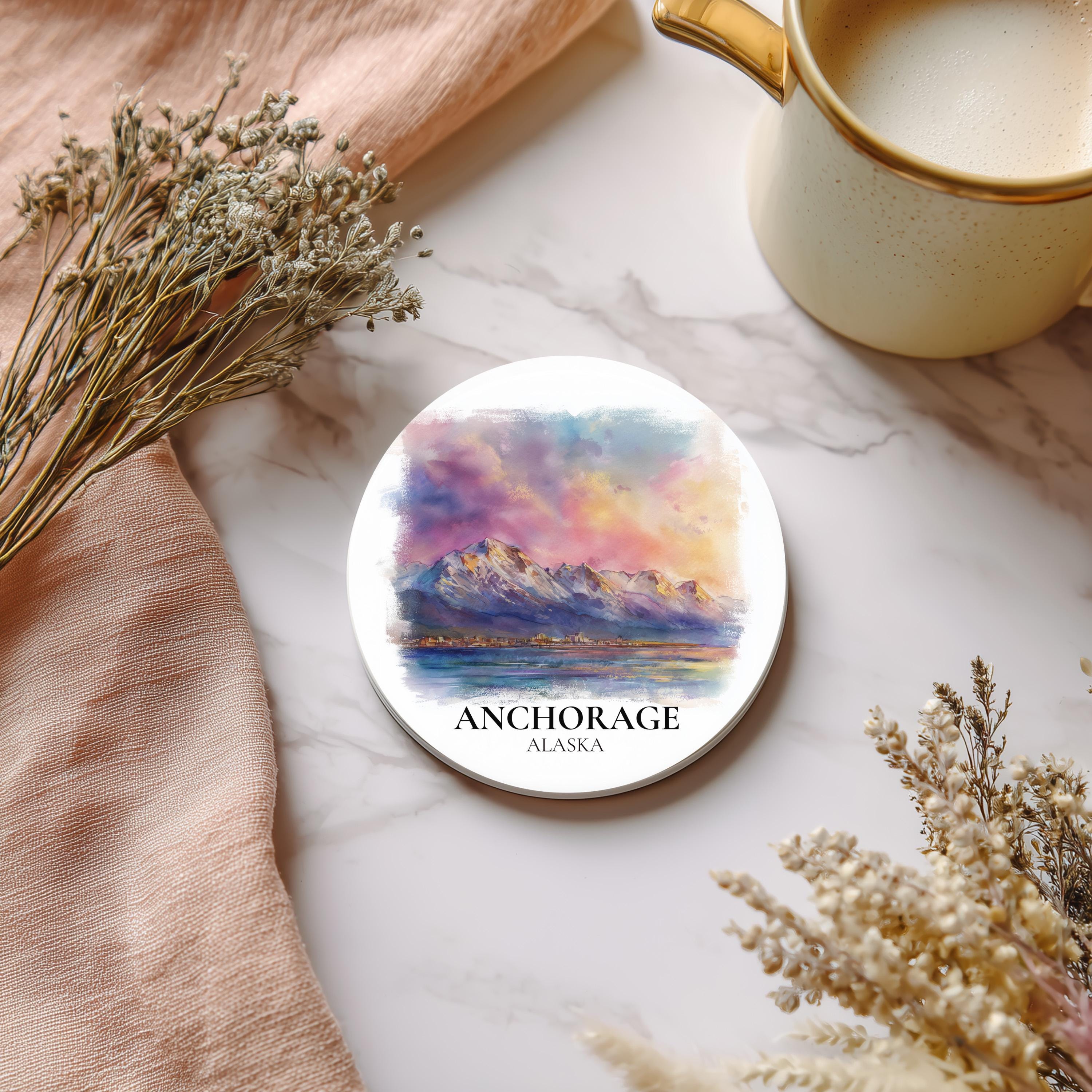 Anchorage Alaska Coaster, Watercolor Personalized Painting, Travel Gift Souvenir, Home Decor, Ceramic Set