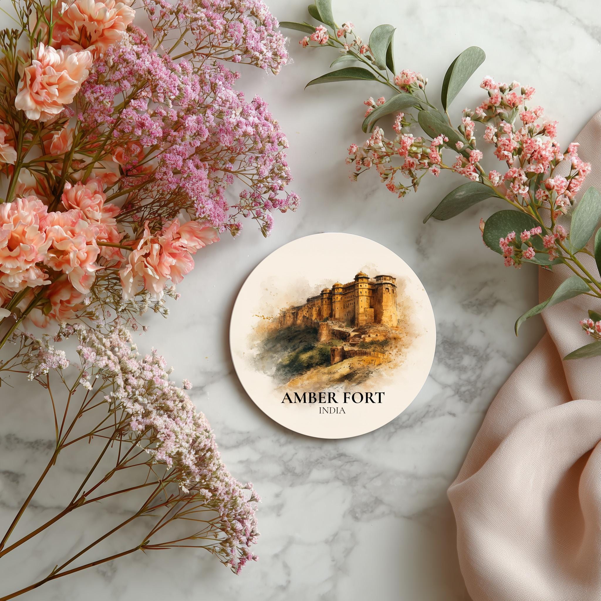 Amber Fort India Coaster, Watercolor Personalized Painting, Travel Gift Souvenir, Home Decor, Ceramic Set