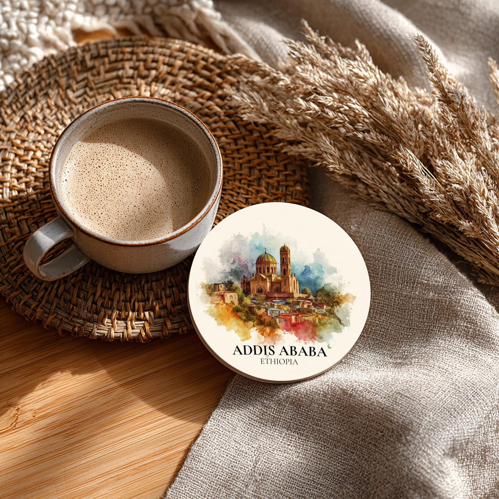 Addis Ababa Ethiopia Coaster, Watercolor Personalized Painting, Travel Gift Souvenir, Home Decor, Ceramic Set