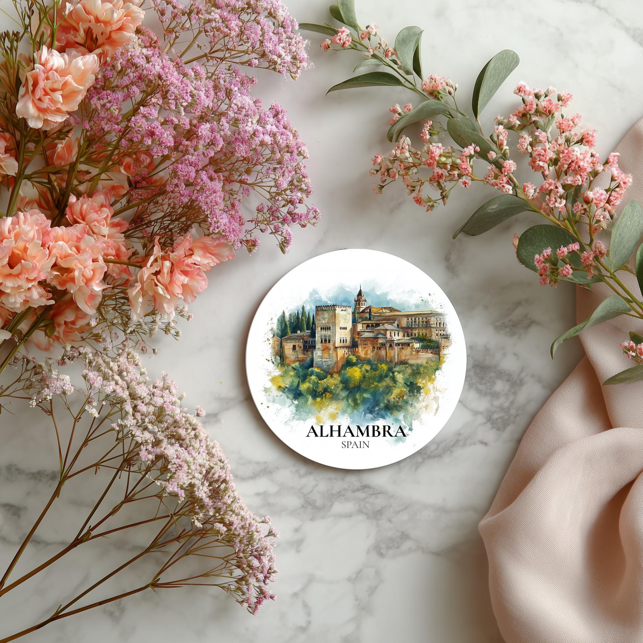 Alhambra Spain Coaster, Watercolor Personalized Painting, Travel Gift Souvenir, Home Decor, Ceramic Set