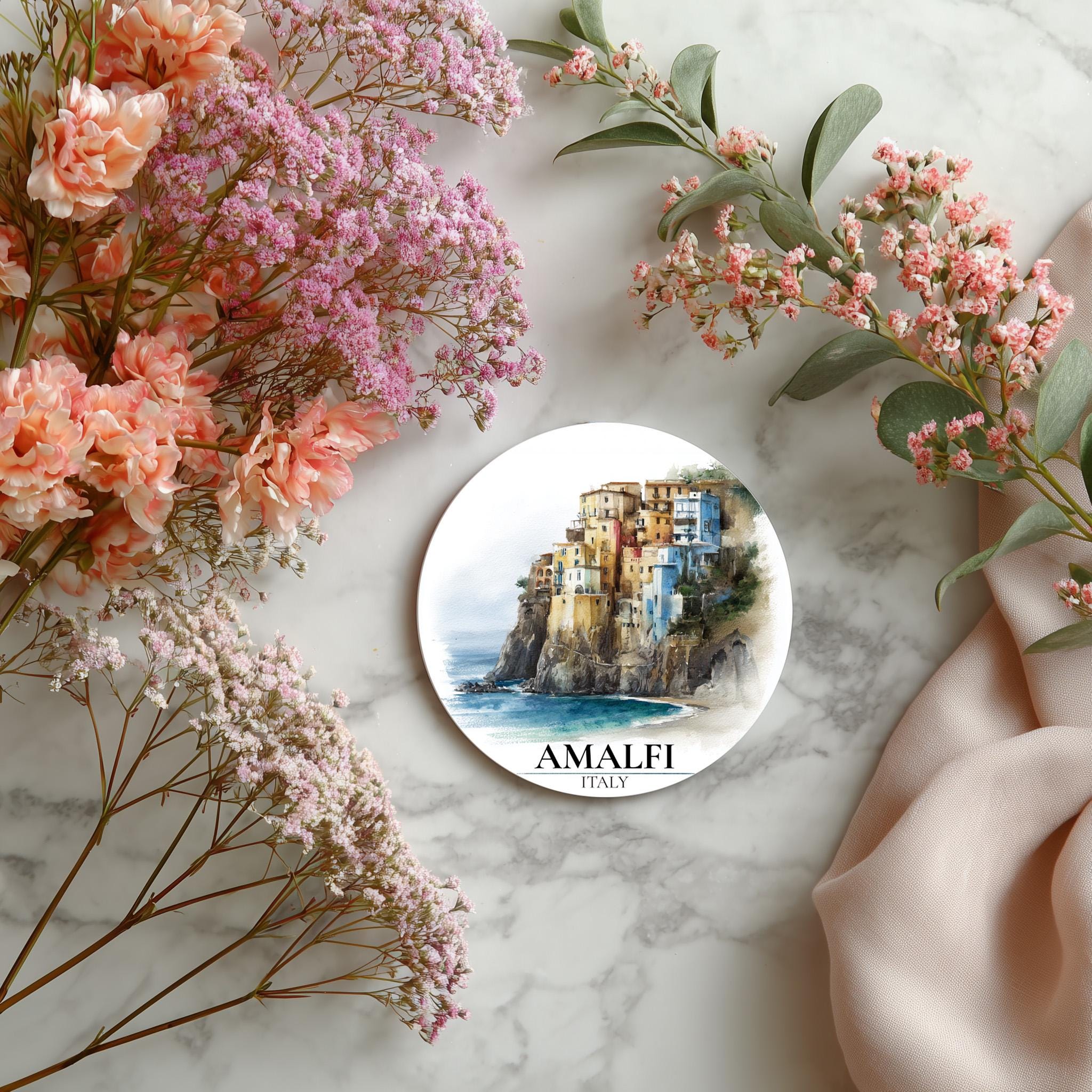 Amalfi Coast Italy3 Coaster, Watercolor Personalized Painting, Travel Gift Souvenir, Home Decor, Ceramic Set