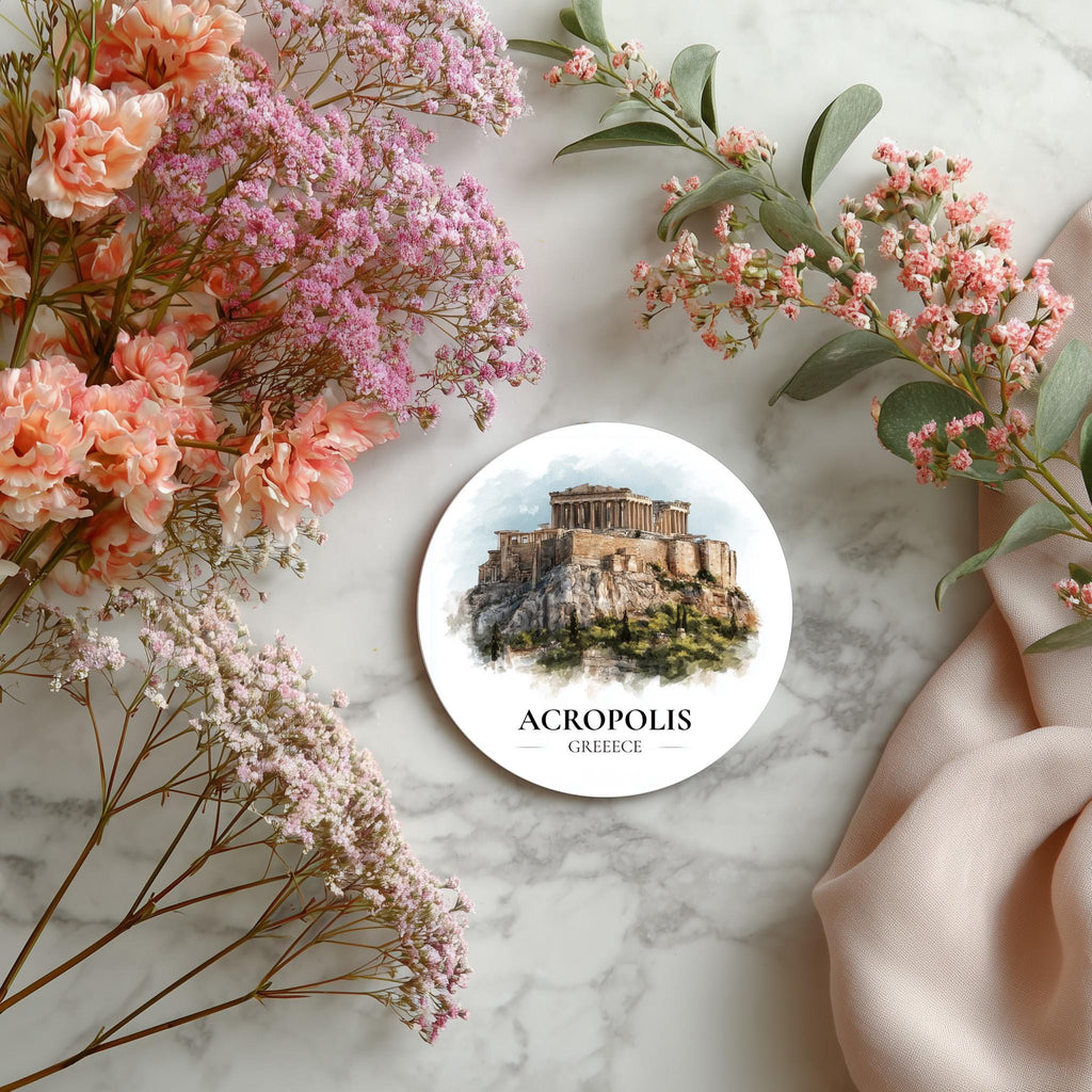 Acropolis Greece Coaster, Watercolor Personalized painting, Travel gift Souvenir, Home Decor, Ceramic Set