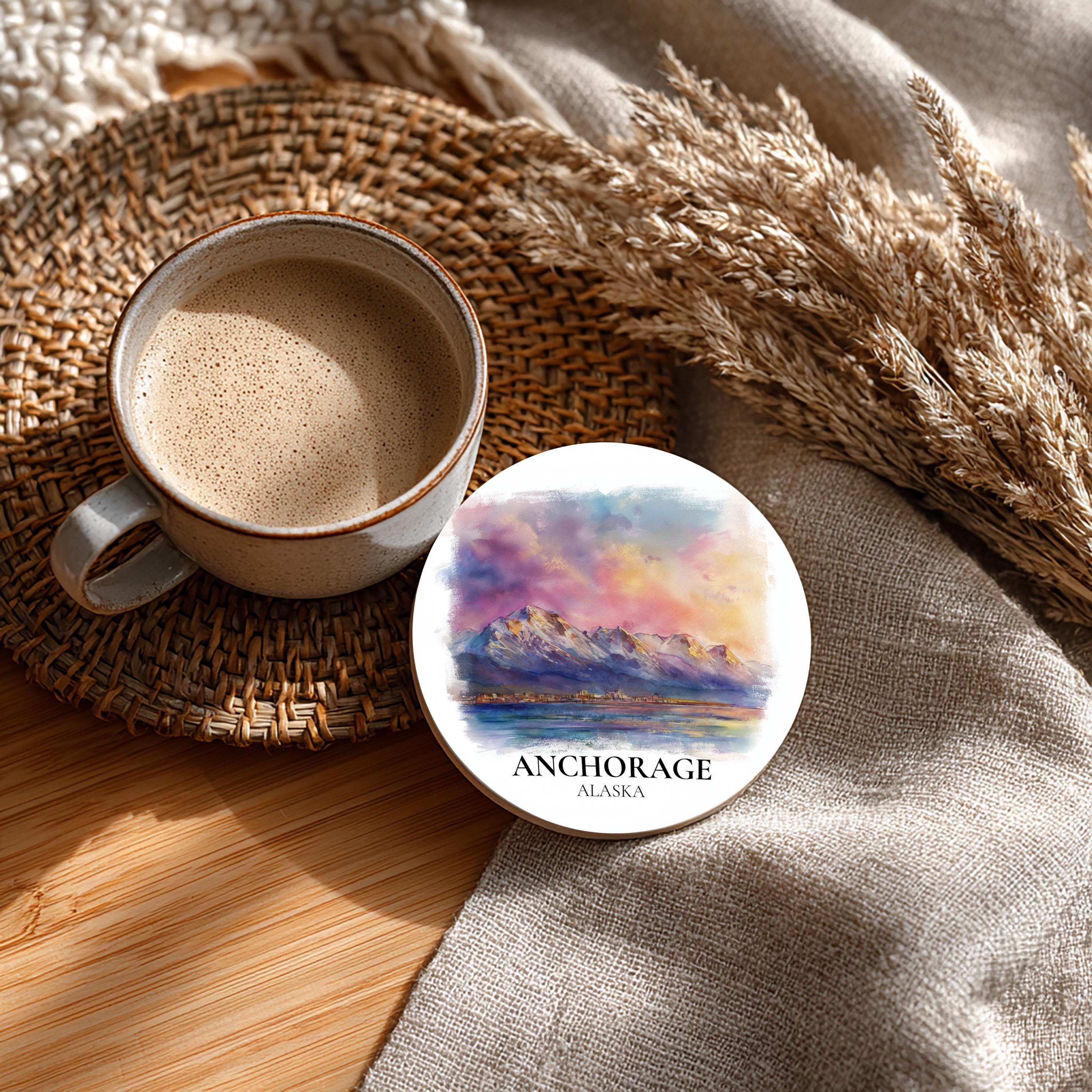 Anchorage Alaska Coaster, Watercolor Personalized Painting, Travel Gift Souvenir, Home Decor, Ceramic Set