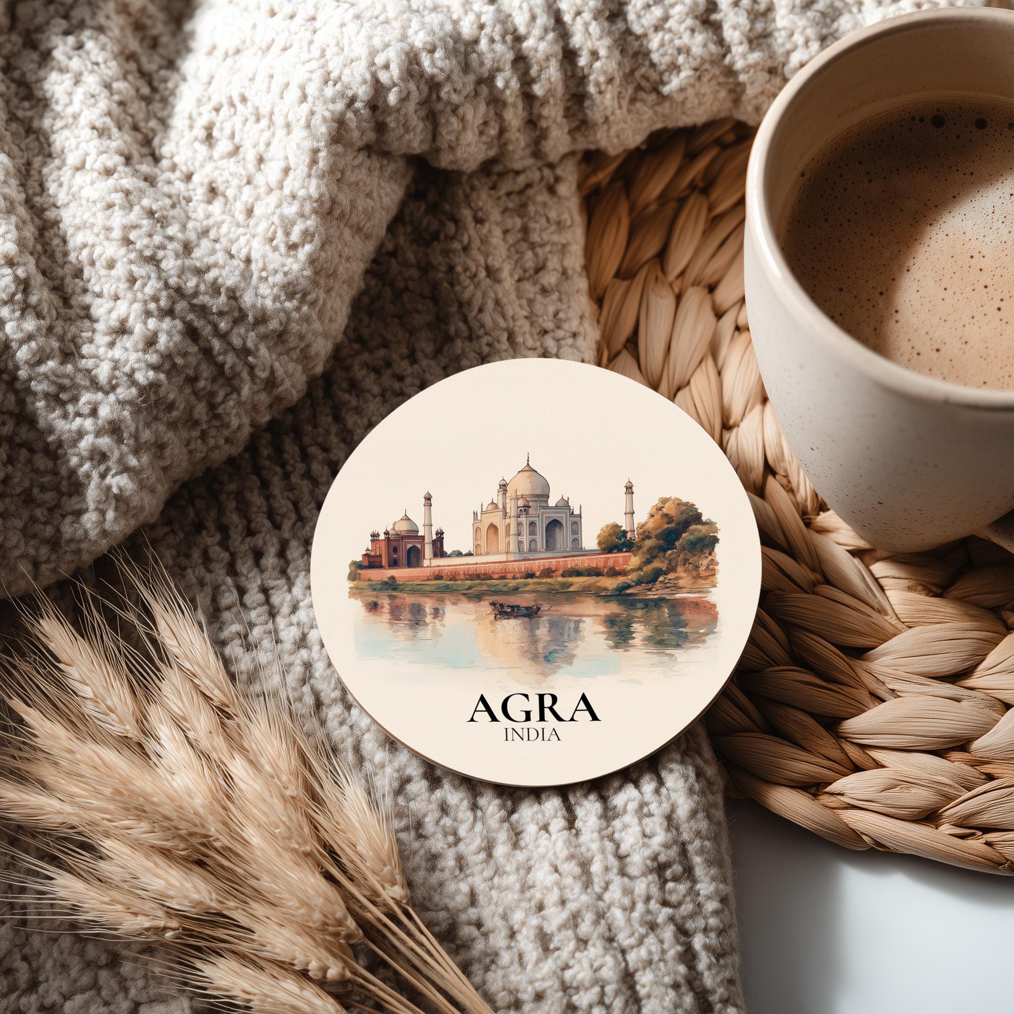 Agra India Coaster, Watercolor Personalized Painting, Travel Gift Souvenir, Home Decor, Ceramic Set