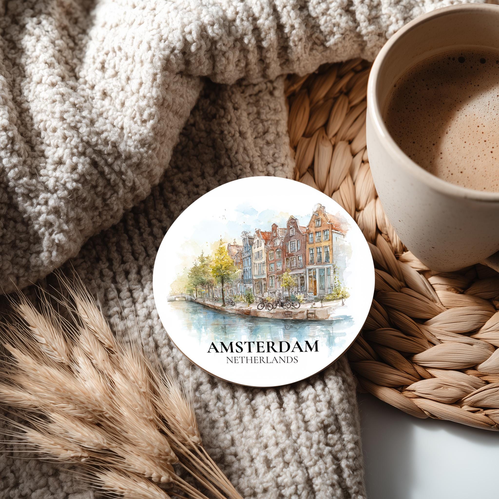 Amsterdam Netherlands Coaster, Watercolor Personalized Painting, Travel Gift Souvenir, Home Decor, Ceramic Set
