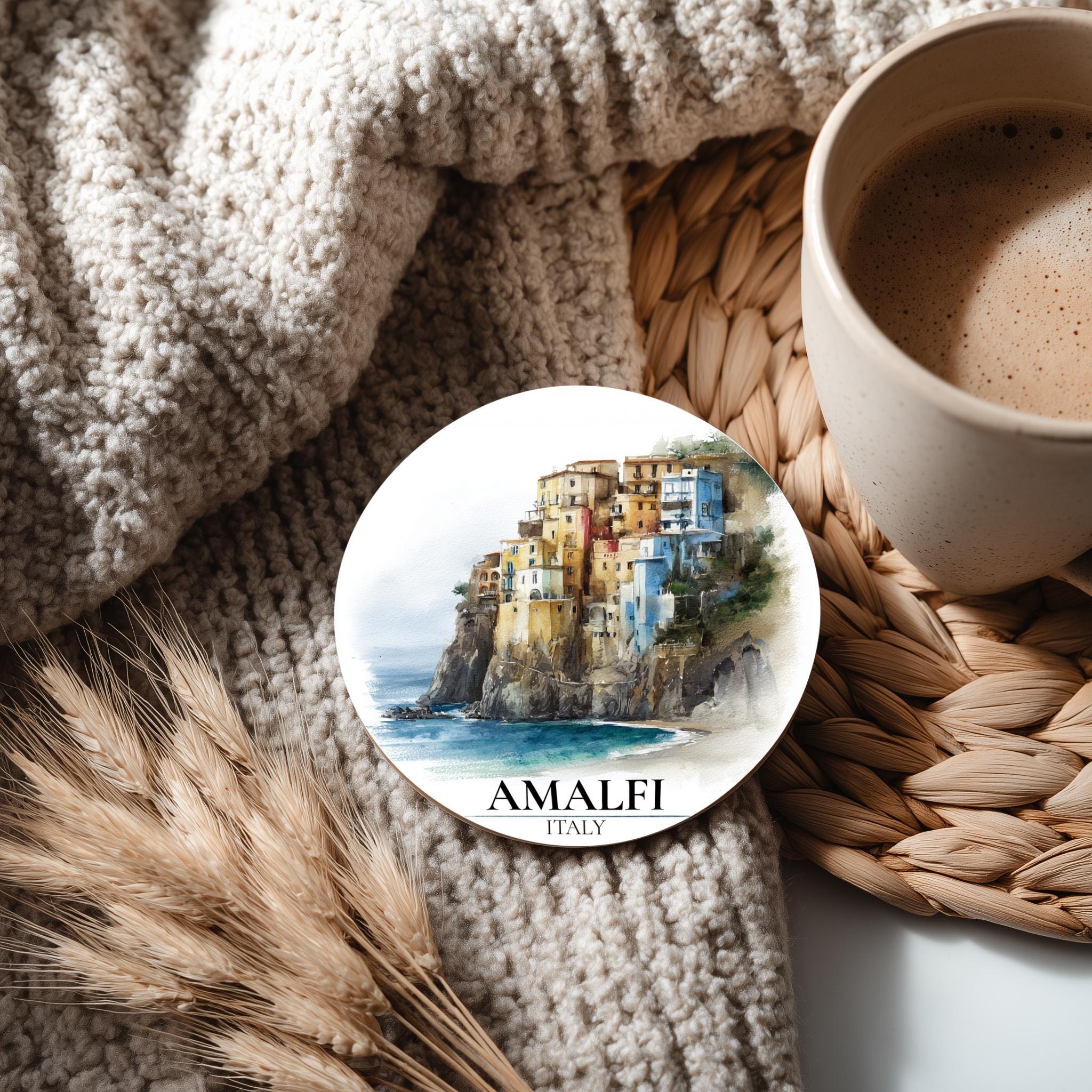 Amalfi Coast Italy3 Coaster, Watercolor Personalized Painting, Travel Gift Souvenir, Home Decor, Ceramic Set