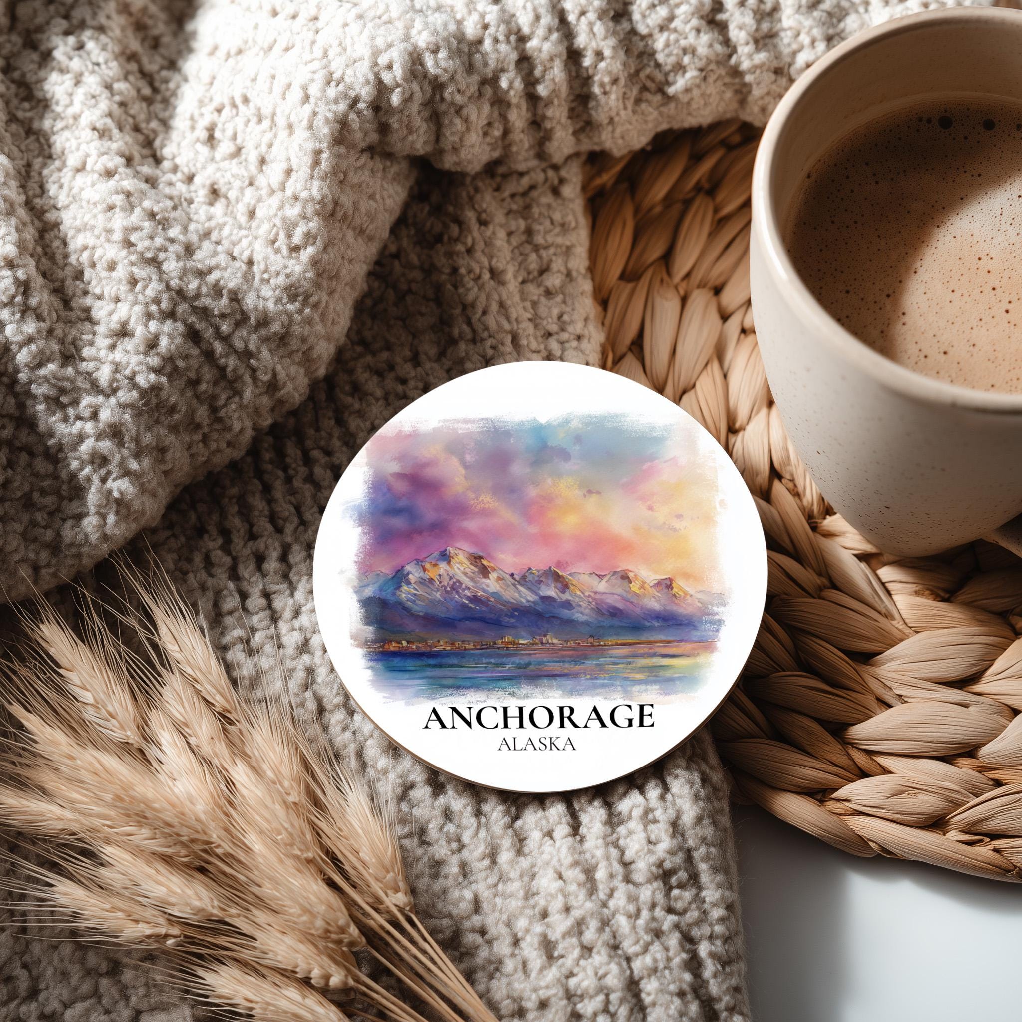 Anchorage Alaska Coaster, Watercolor Personalized Painting, Travel Gift Souvenir, Home Decor, Ceramic Set