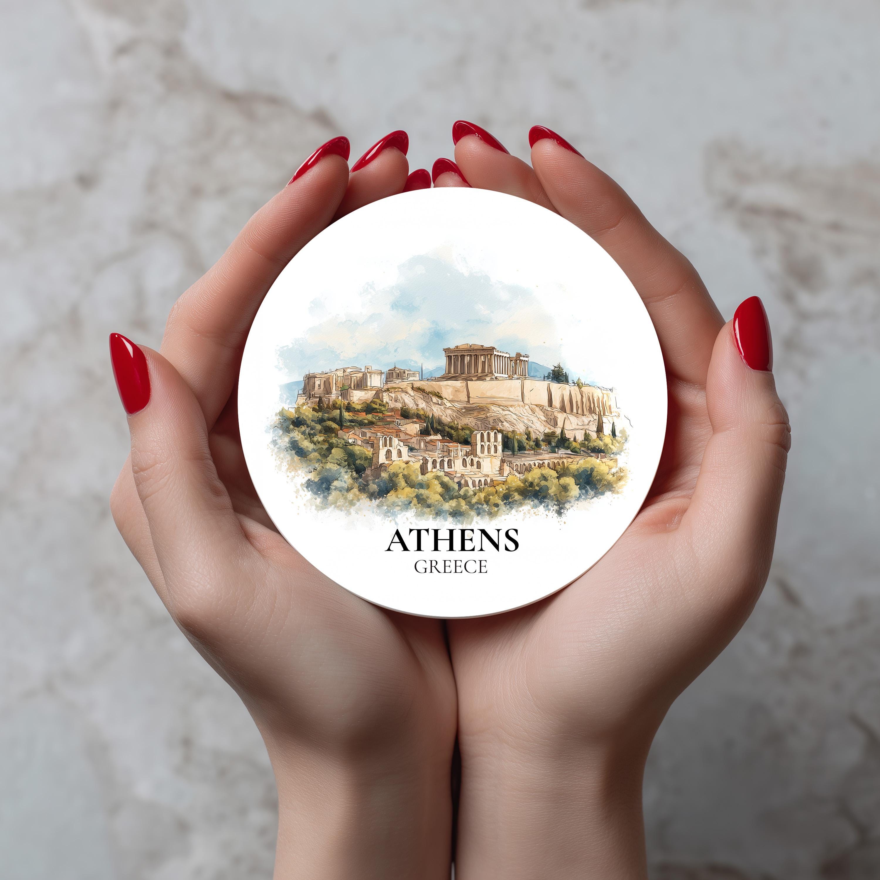Athens Greece Coaster, Watercolor Personalized Painting, Travel Gift Souvenir, Home Decor, Ceramic Set