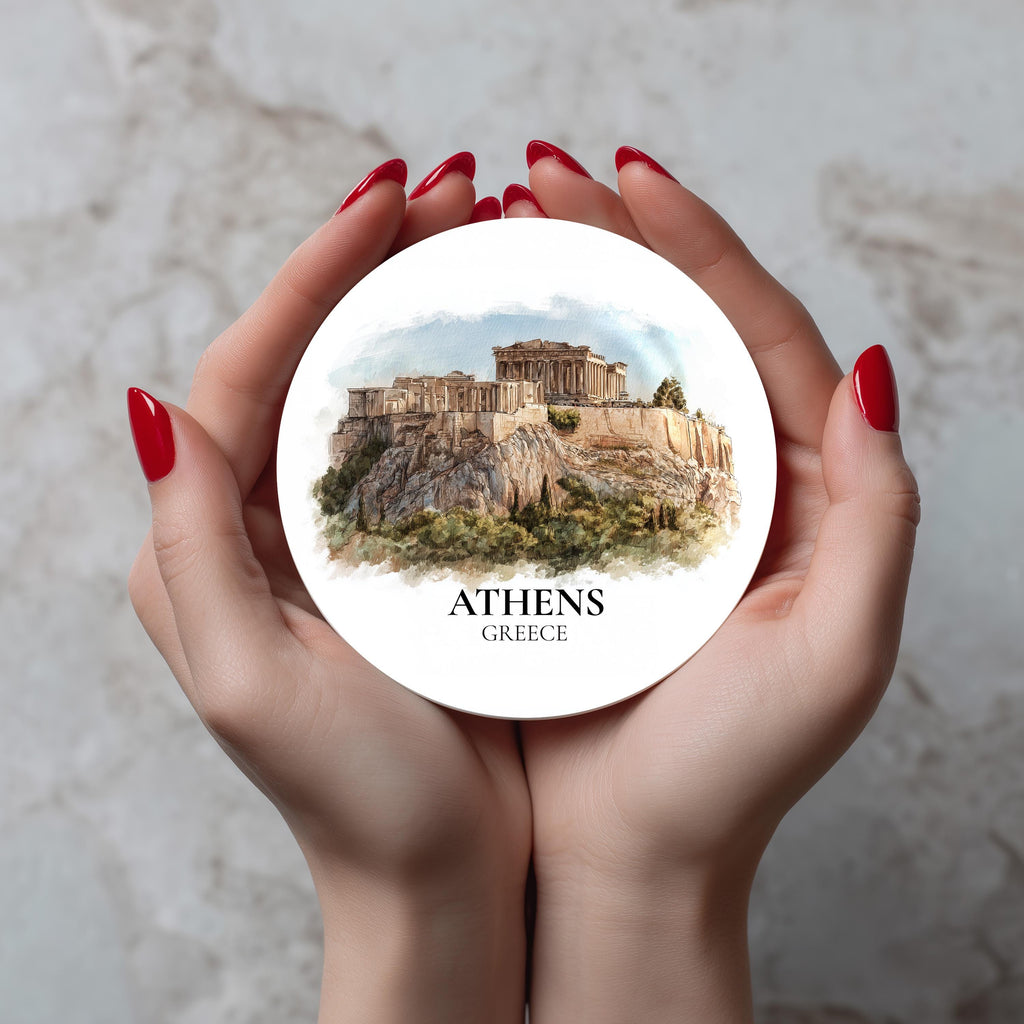 Athens Greece2 Coaster, Watercolor Personalized Painting, Travel Gift Souvenir, Home Decor, Ceramic Set