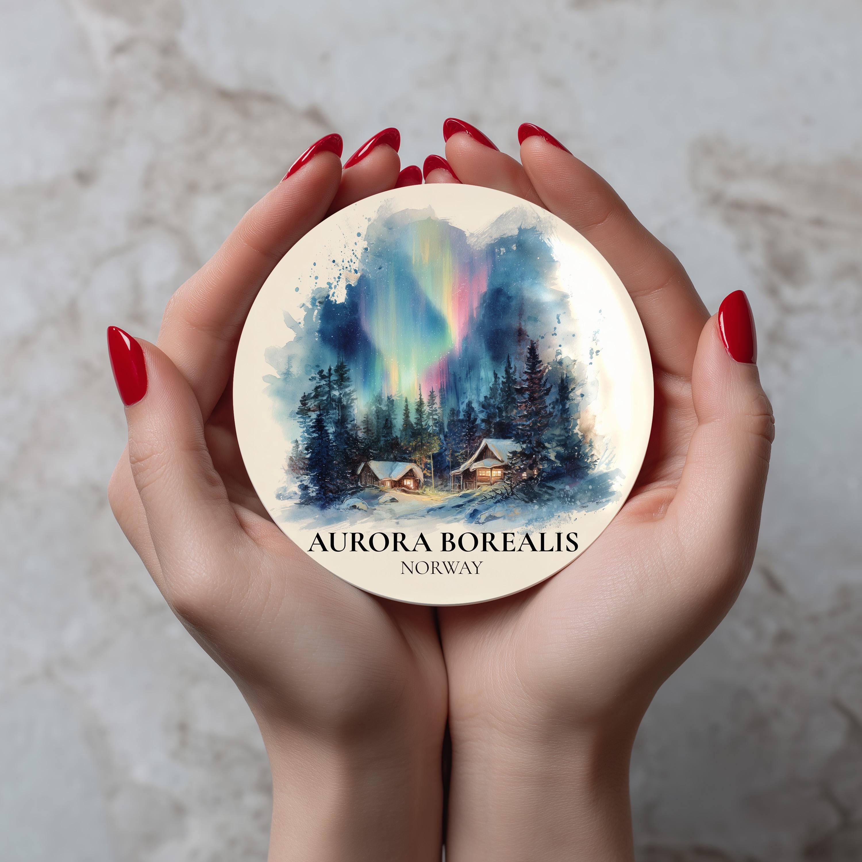 Aurora Borealis Norway Coaster, Watercolor Personalized Painting, Travel Gift Souvenir, Home Decor, Ceramic Set